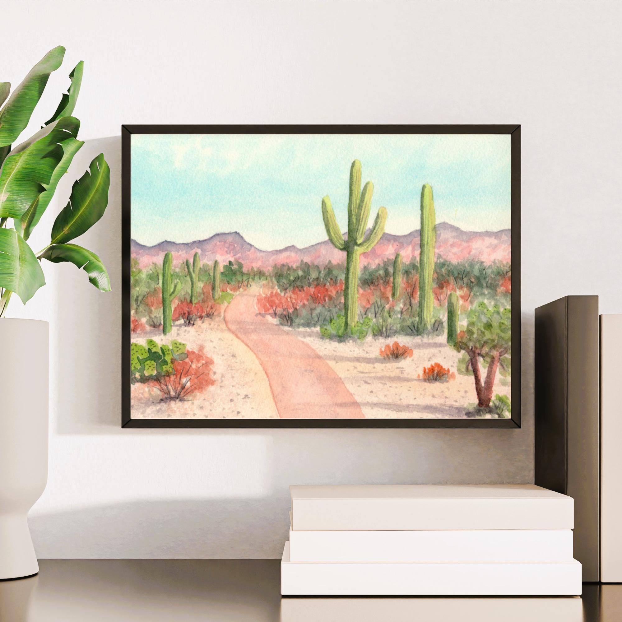 Saguaro Cactus Watercolor Print: Arizona Desert Mountain Art