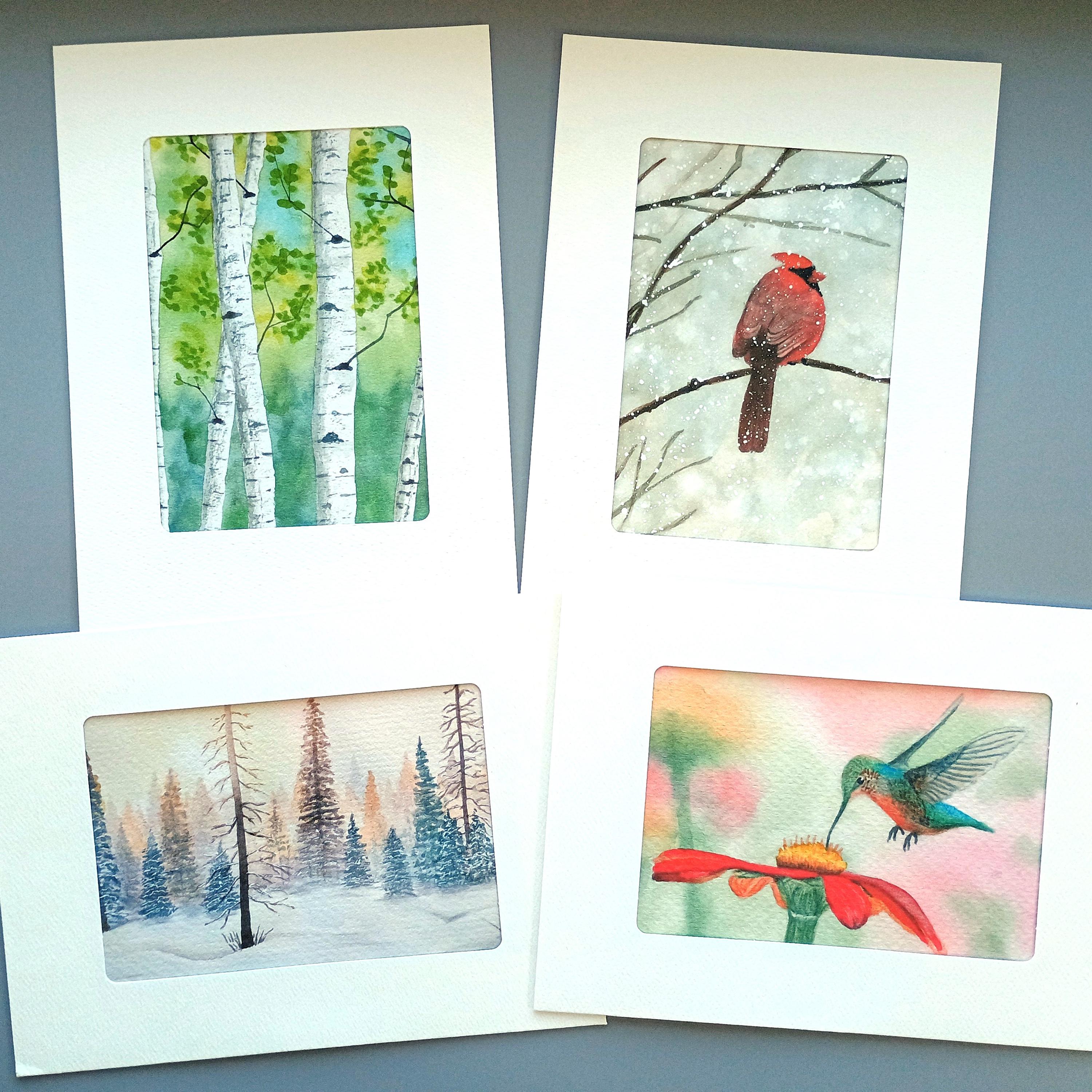 Popular trees and birds watercolor greeting card set; 4 blank cards for any occasion