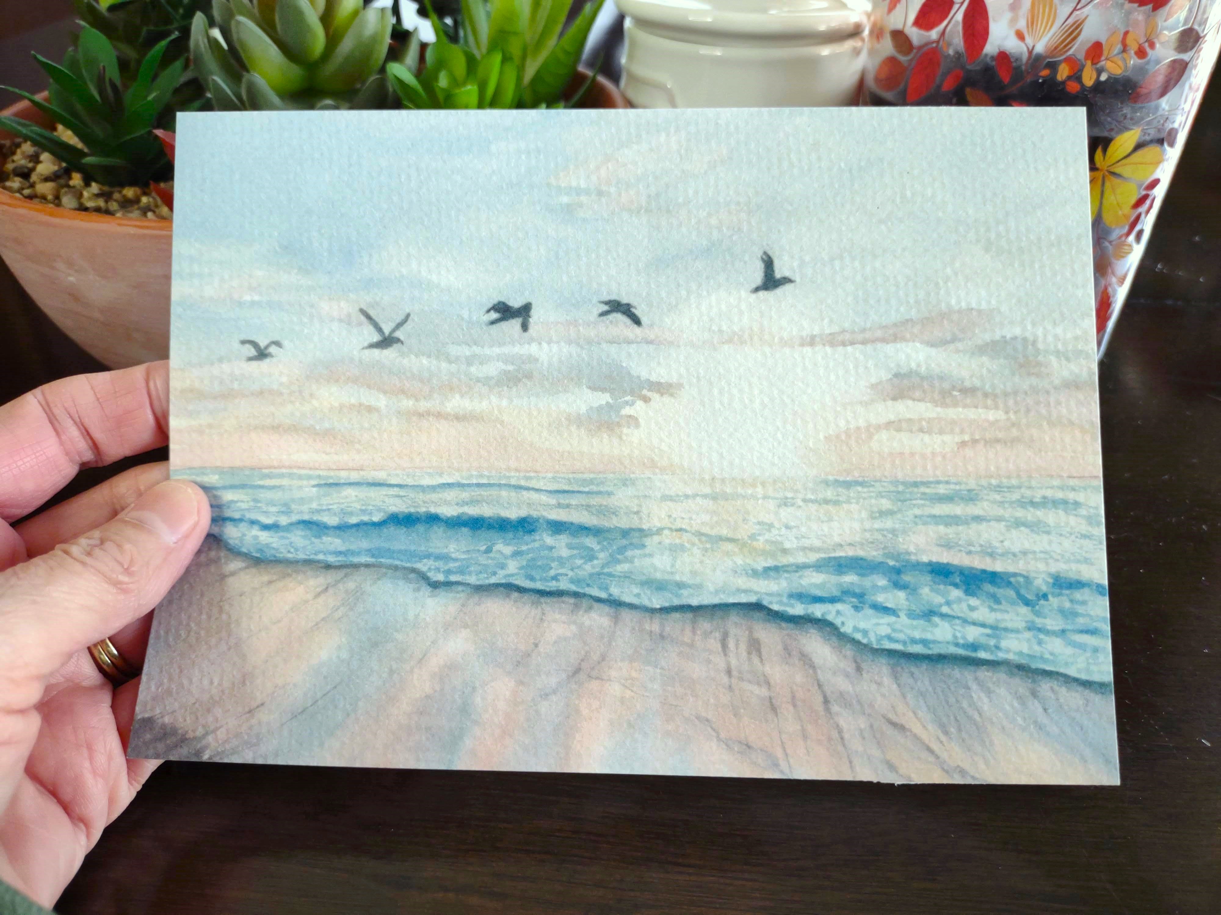 Sunrise Beach Watercolor Art Print; ocean and seabirds