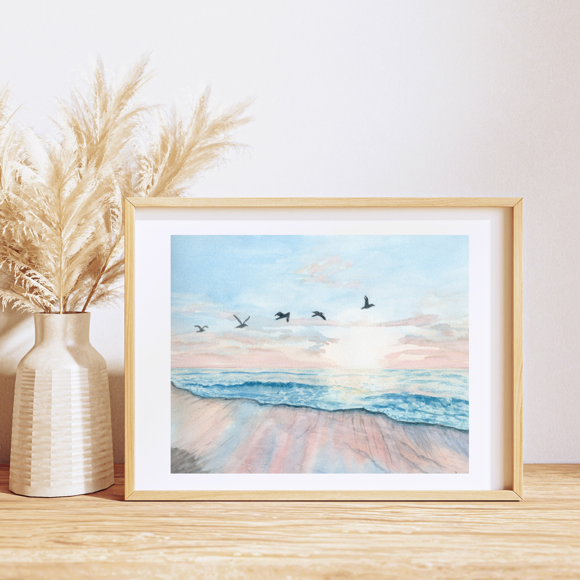 Sunrise Beach Watercolor Art Print; ocean and seabirds