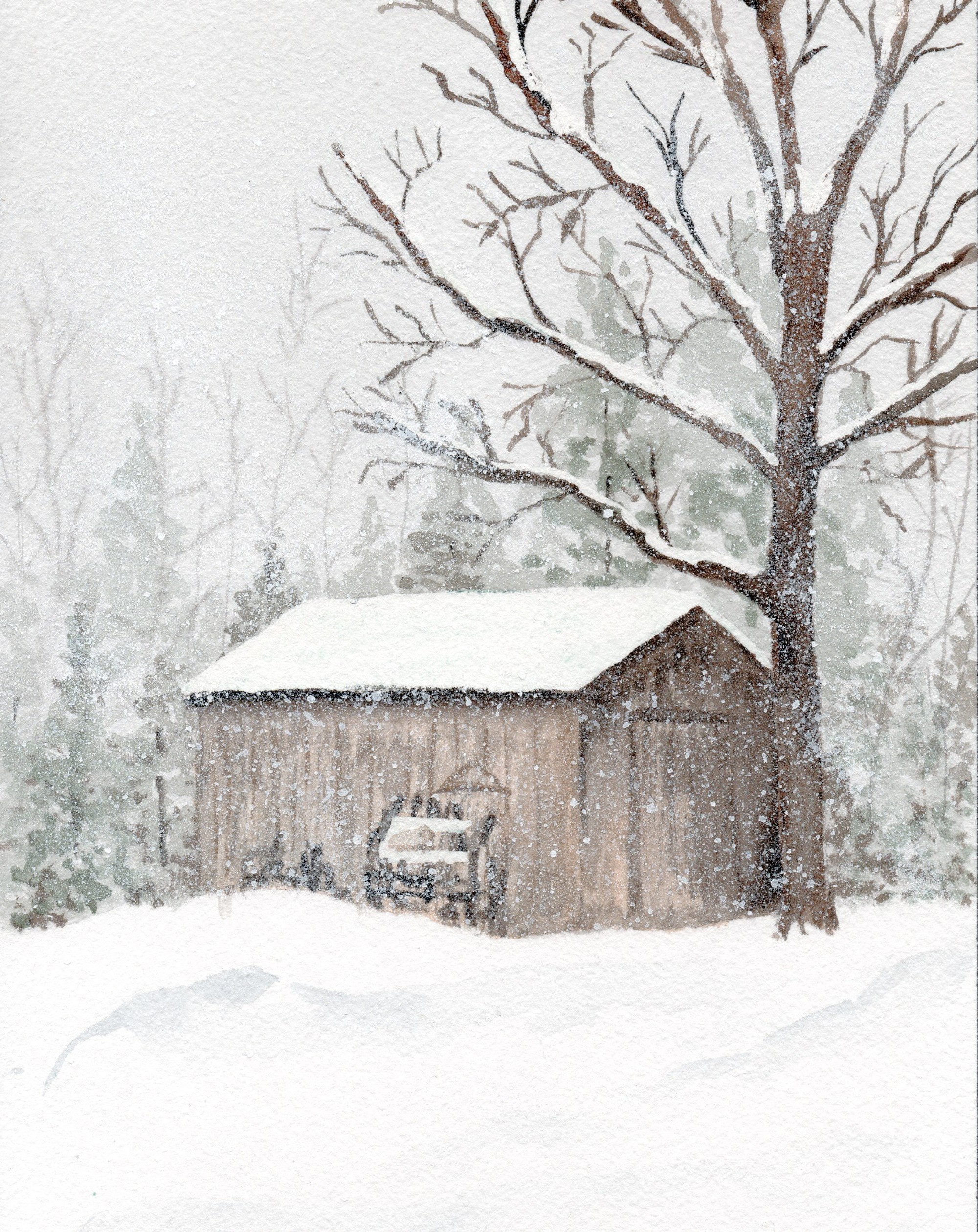 Winter Barn Watercolor Painting