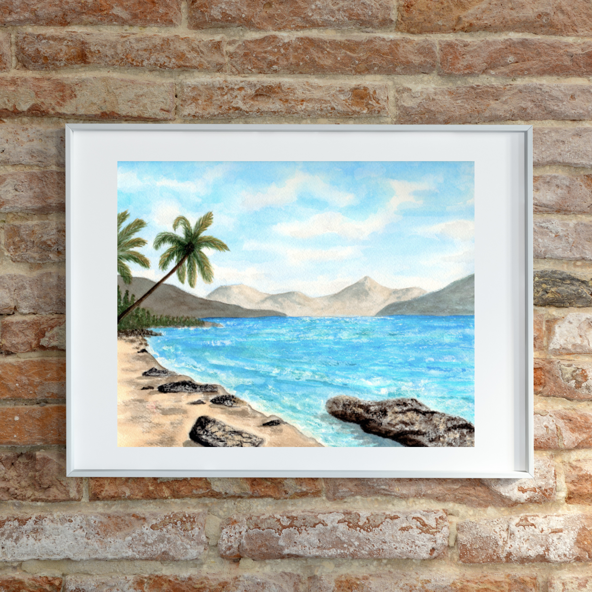Tropical beach watercolor print; coastal art, beach house decor