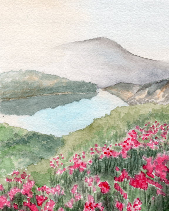 Mountain Floral Watercolor Print: Alpine Lake, Wildflower Meadow Art