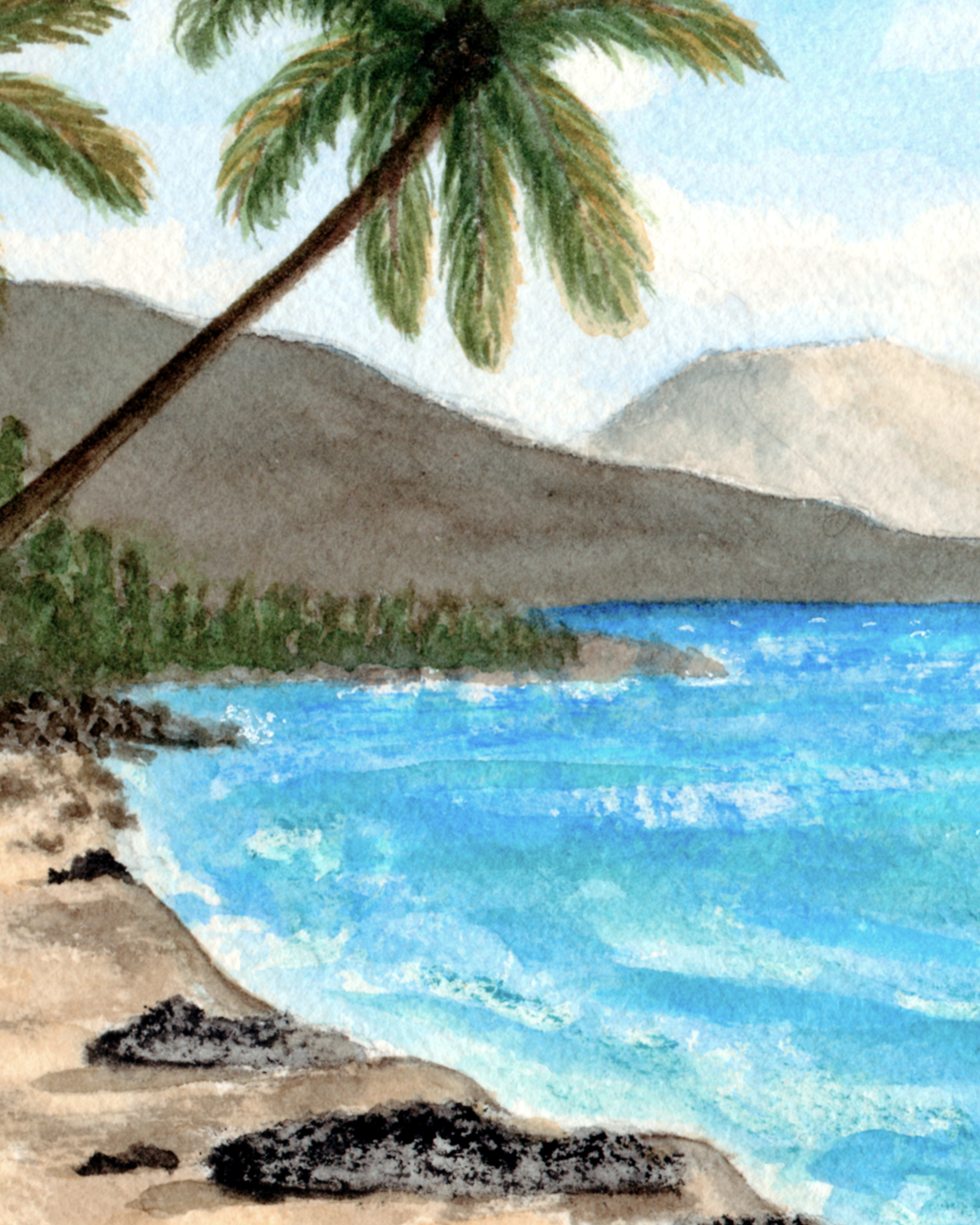 Tropical beach watercolor print; coastal art, beach house decor