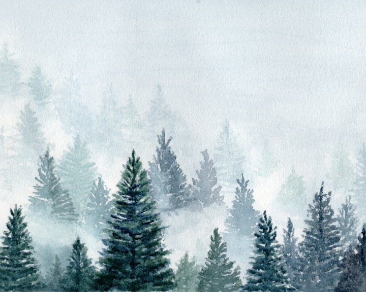 Misty Trees Art Print: Monochromatic Watercolor Landscape