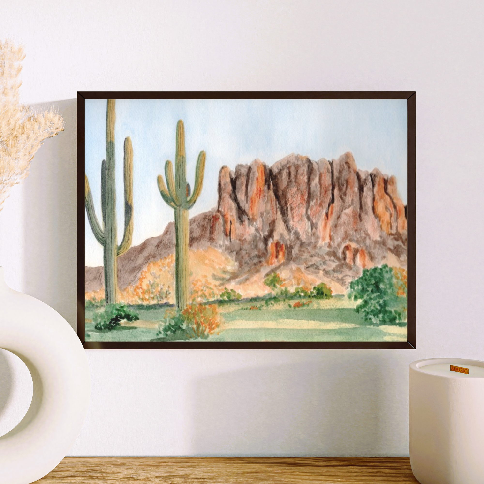 Superstition Mountain Watercolor Print: Arizona Desert Saguaro Cactus Art