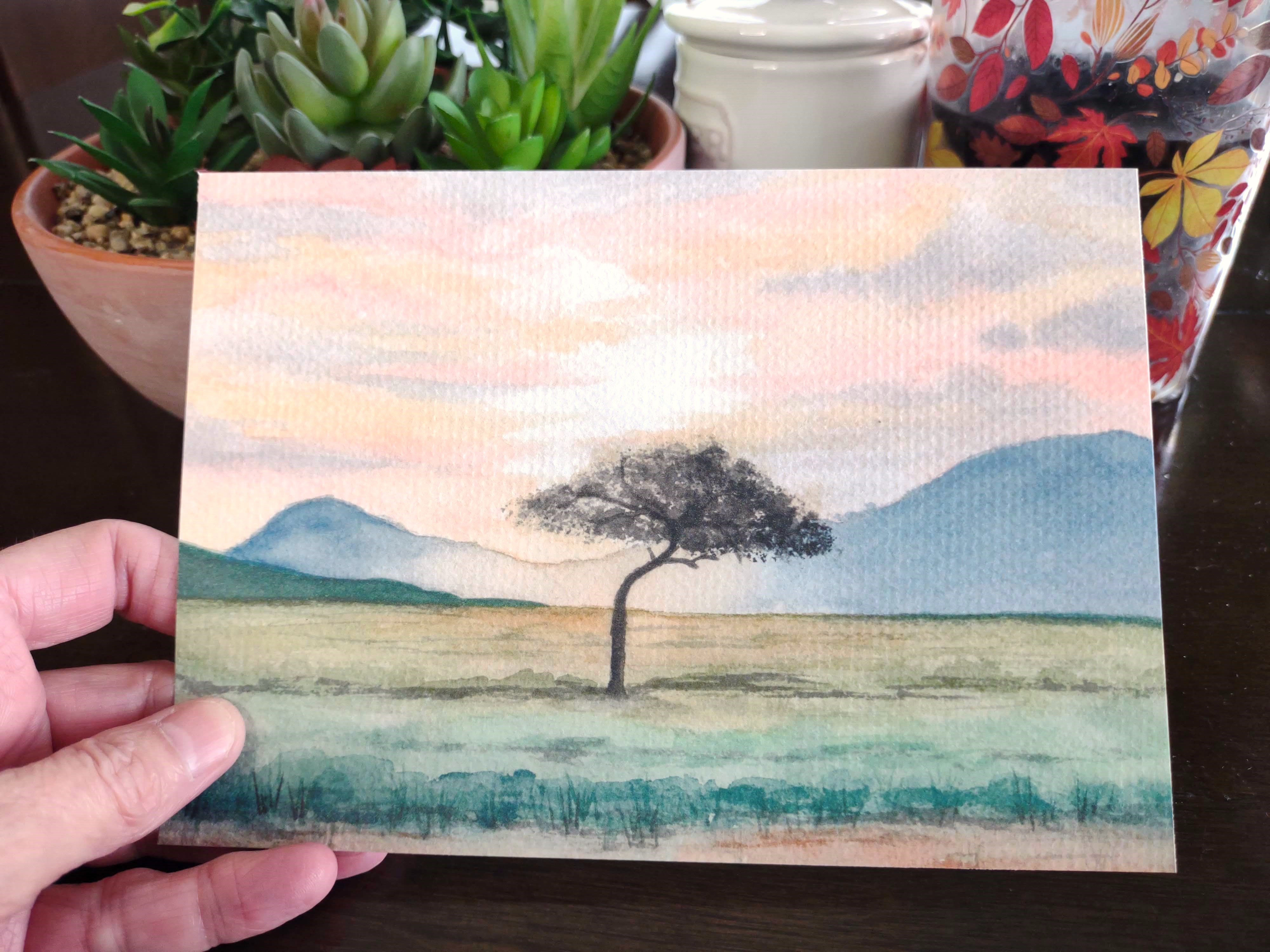 Acacia tree at sunset; Kenya Africa watercolor art