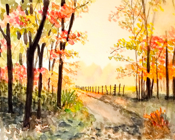 Autumn Watercolor Landscape Print: Fall Foliage Fine Art