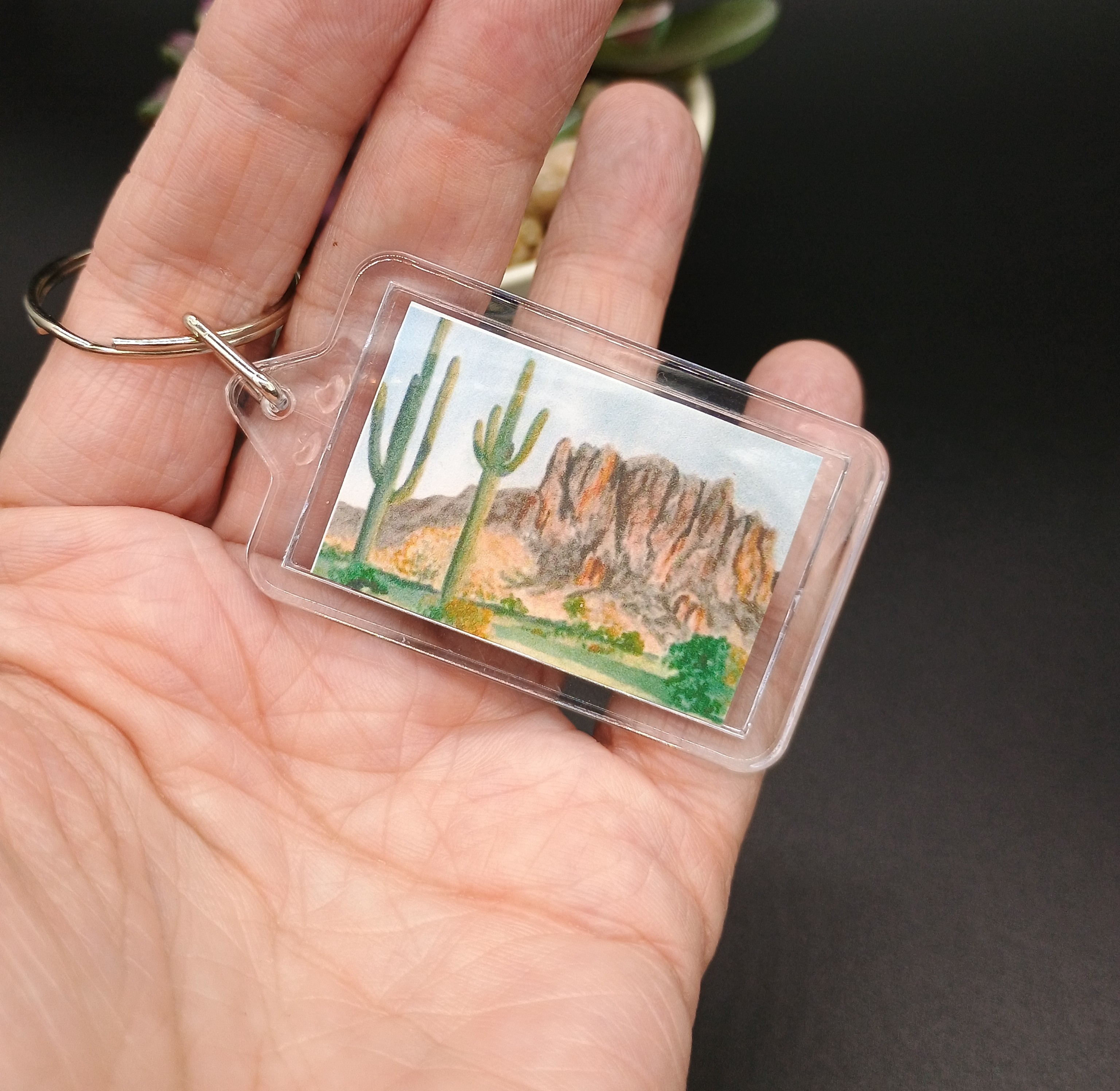 Acrylic keychain with watercolor art print; small nature inspired landscape art