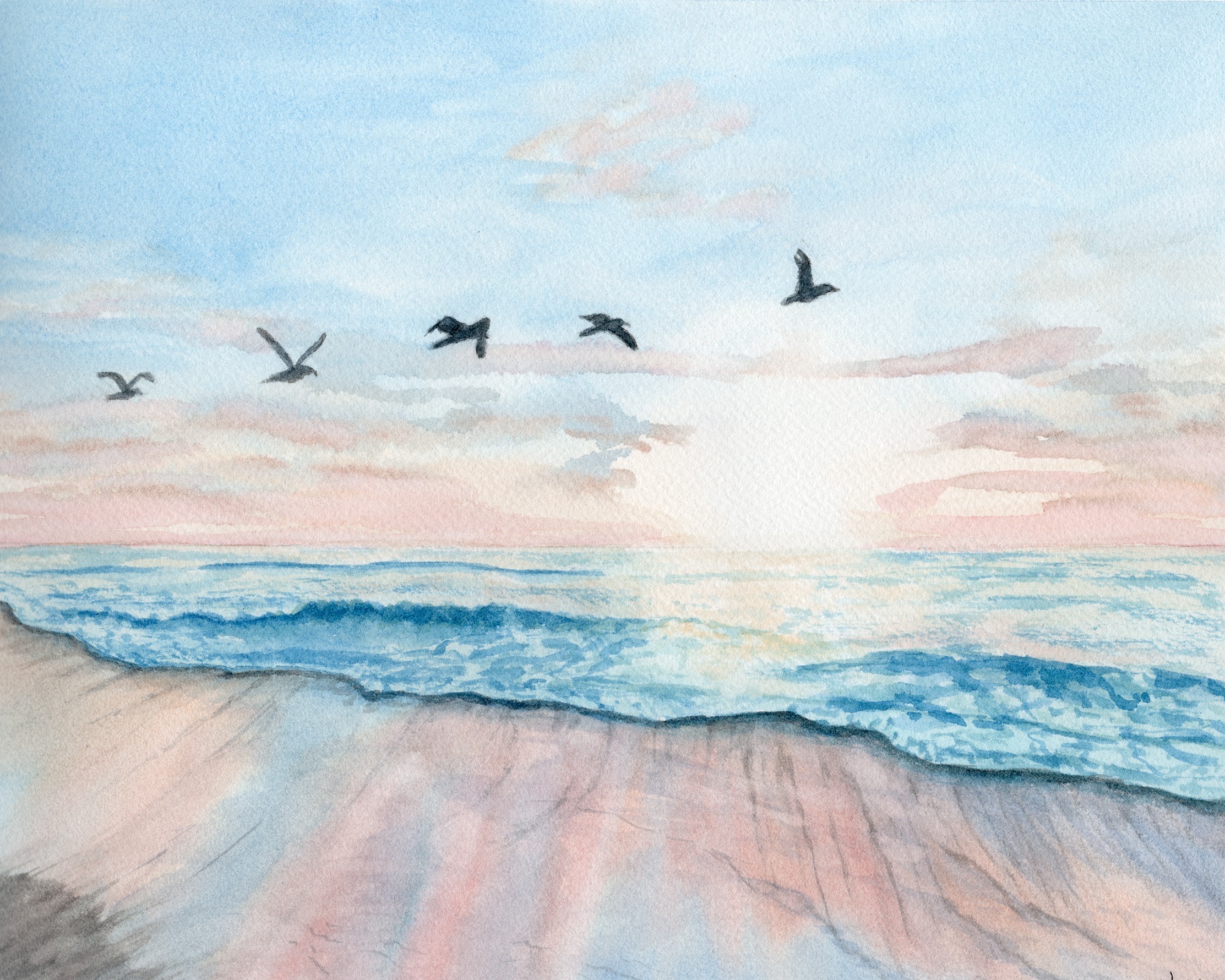 Sunrise Beach Watercolor Art Print; ocean and seabirds
