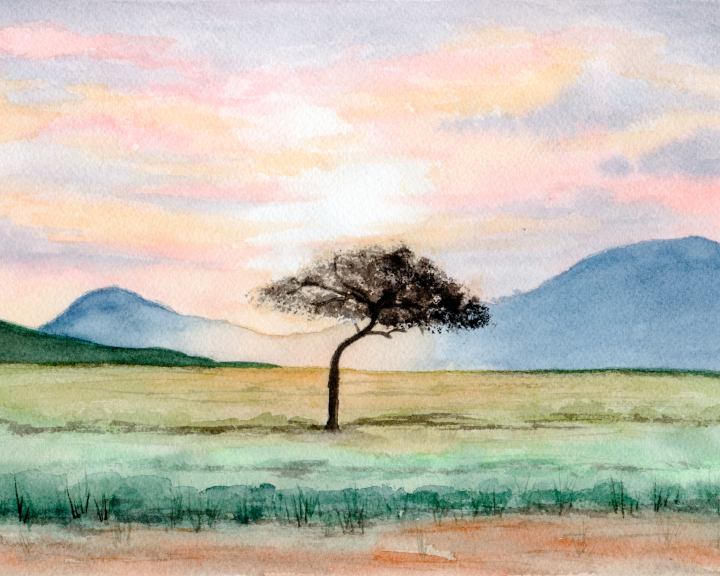 Acacia tree at sunset; Kenya Africa watercolor art