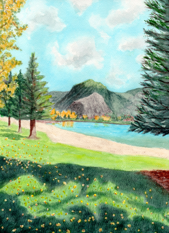 Colorado watercolor print; mountains, lake, trees and sunshine wall art