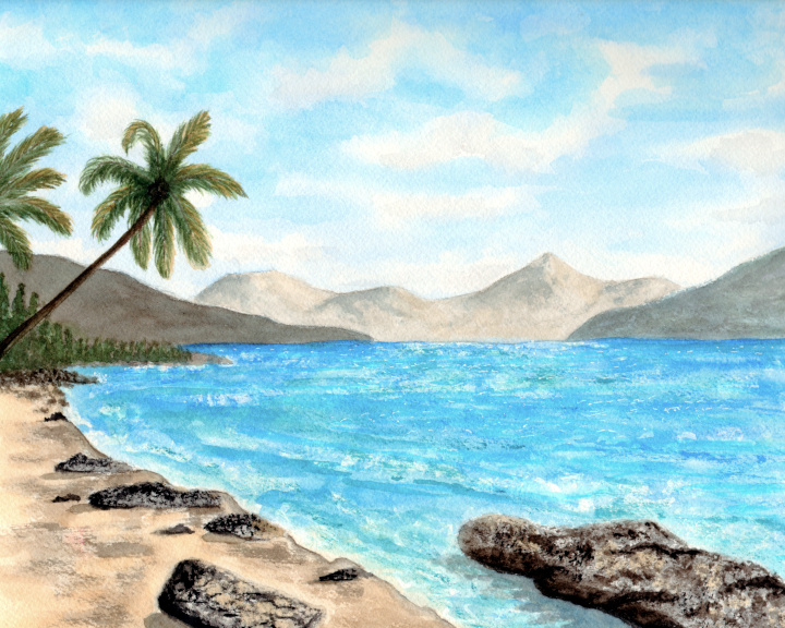 Tropical beach watercolor print; coastal art, beach house decor