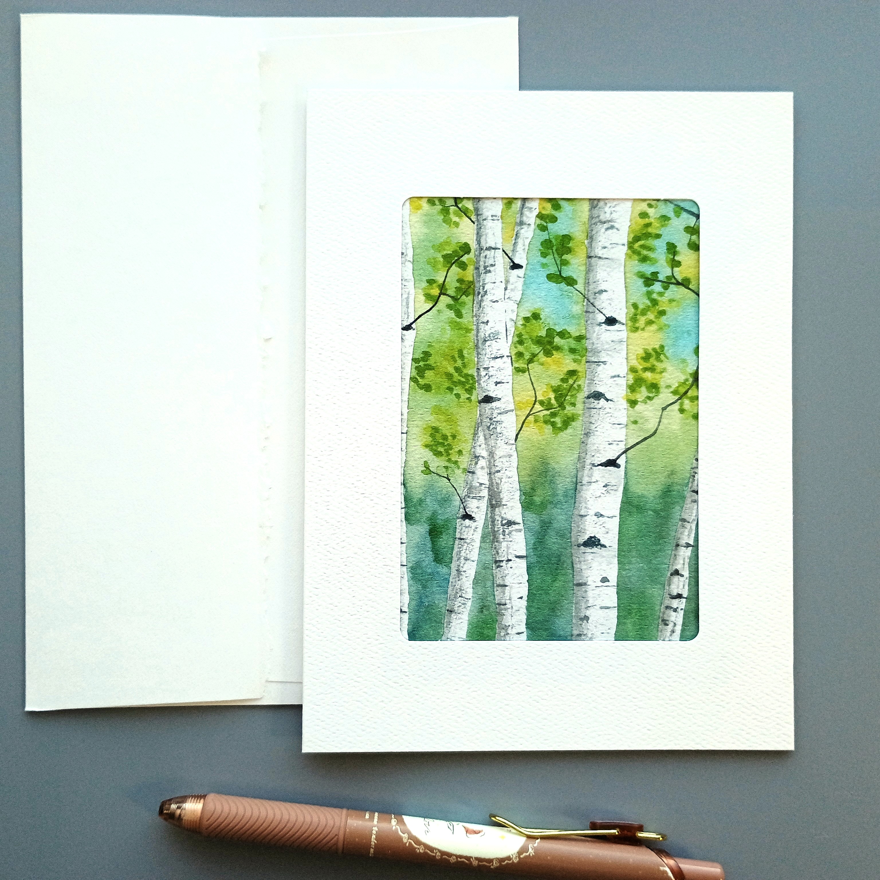 Popular trees and birds watercolor greeting card set; 4 blank cards for any occasion