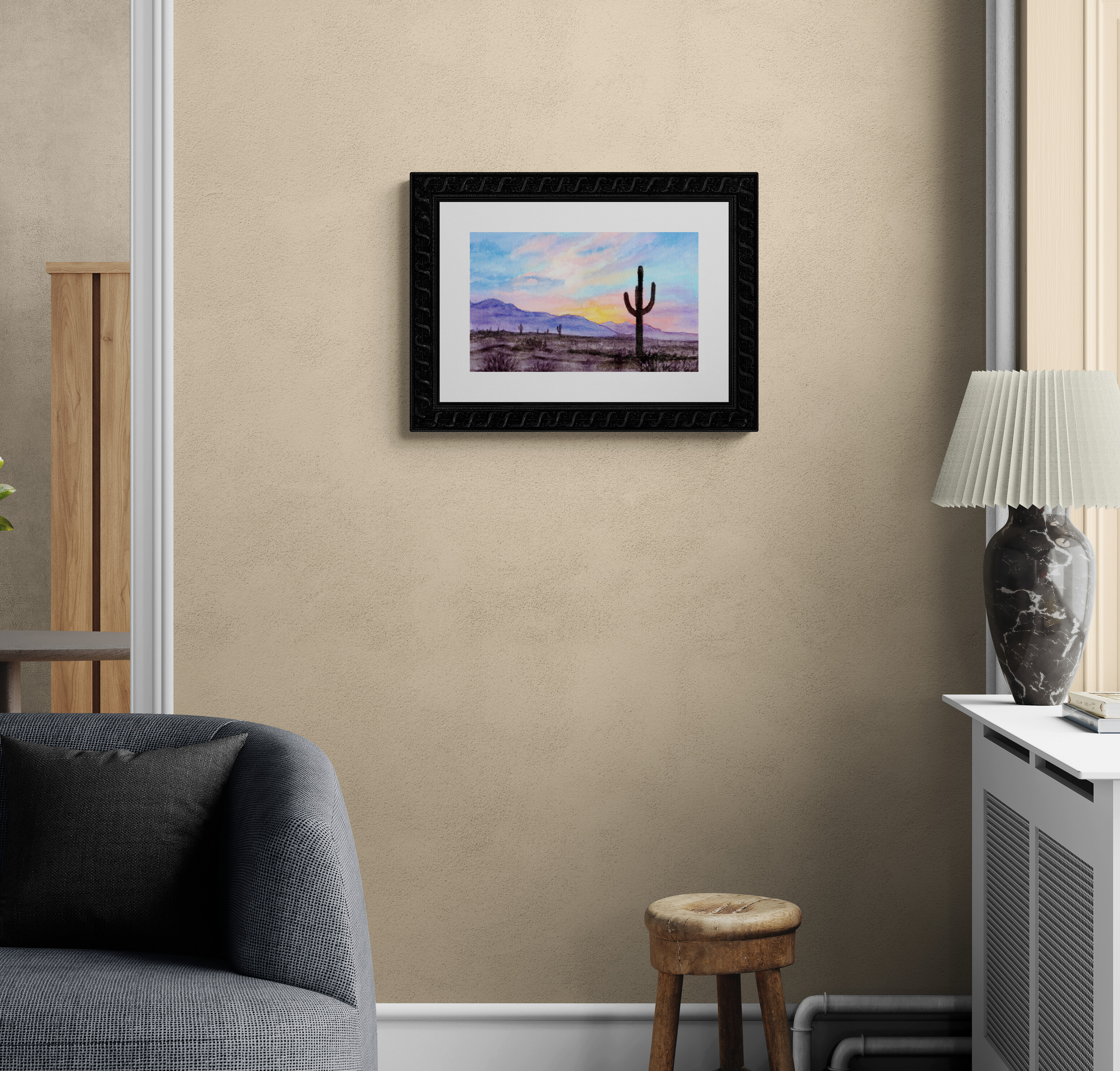 Desert Sunset Watercolor Print: Saguaro Cactus Art