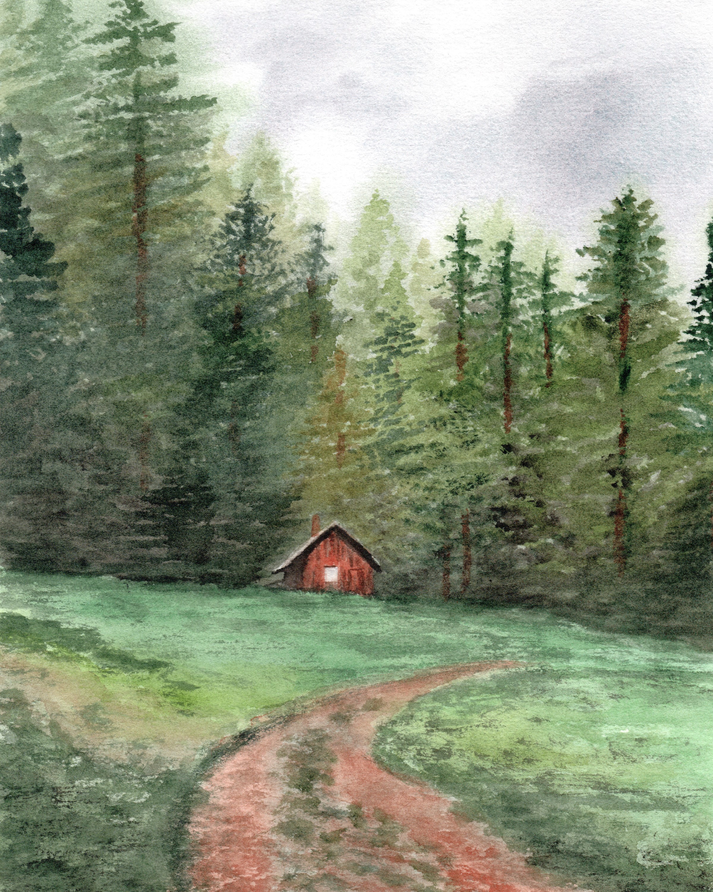 Forest Cabin Watercolor Painting; nature inspired art