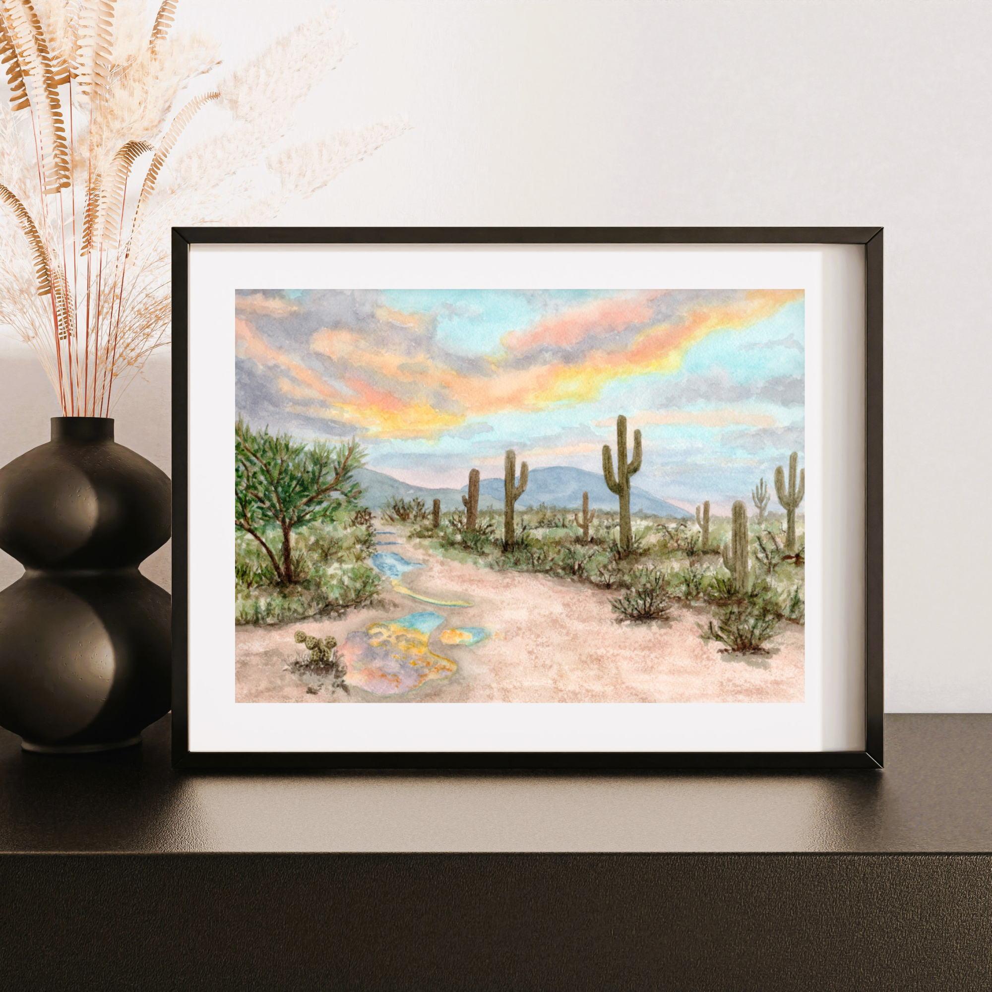 Saguaro Cactus Desert Sunset Watercolor Painting