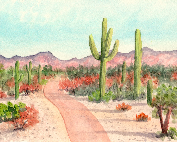 Saguaro Cactus Watercolor Print: Arizona Desert Mountain Art