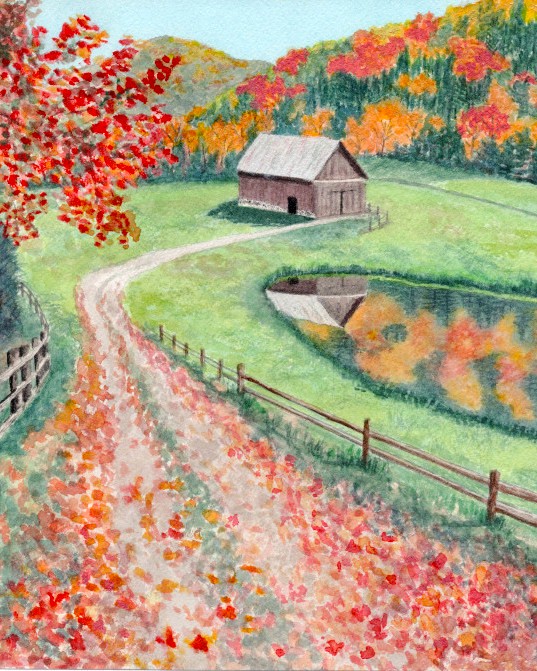 Fall Foliage Landscape Art with Barn
