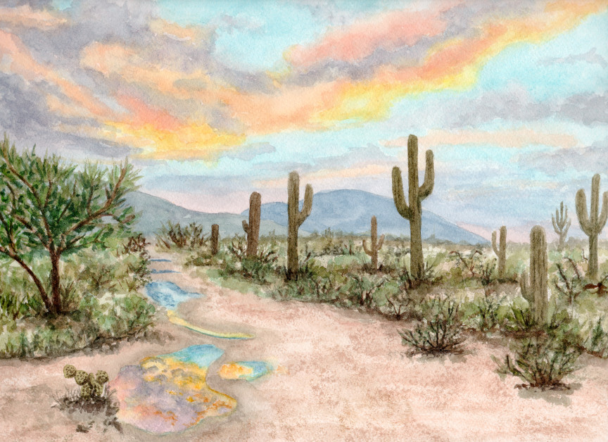 Saguaro Cactus Desert Sunset Watercolor Painting