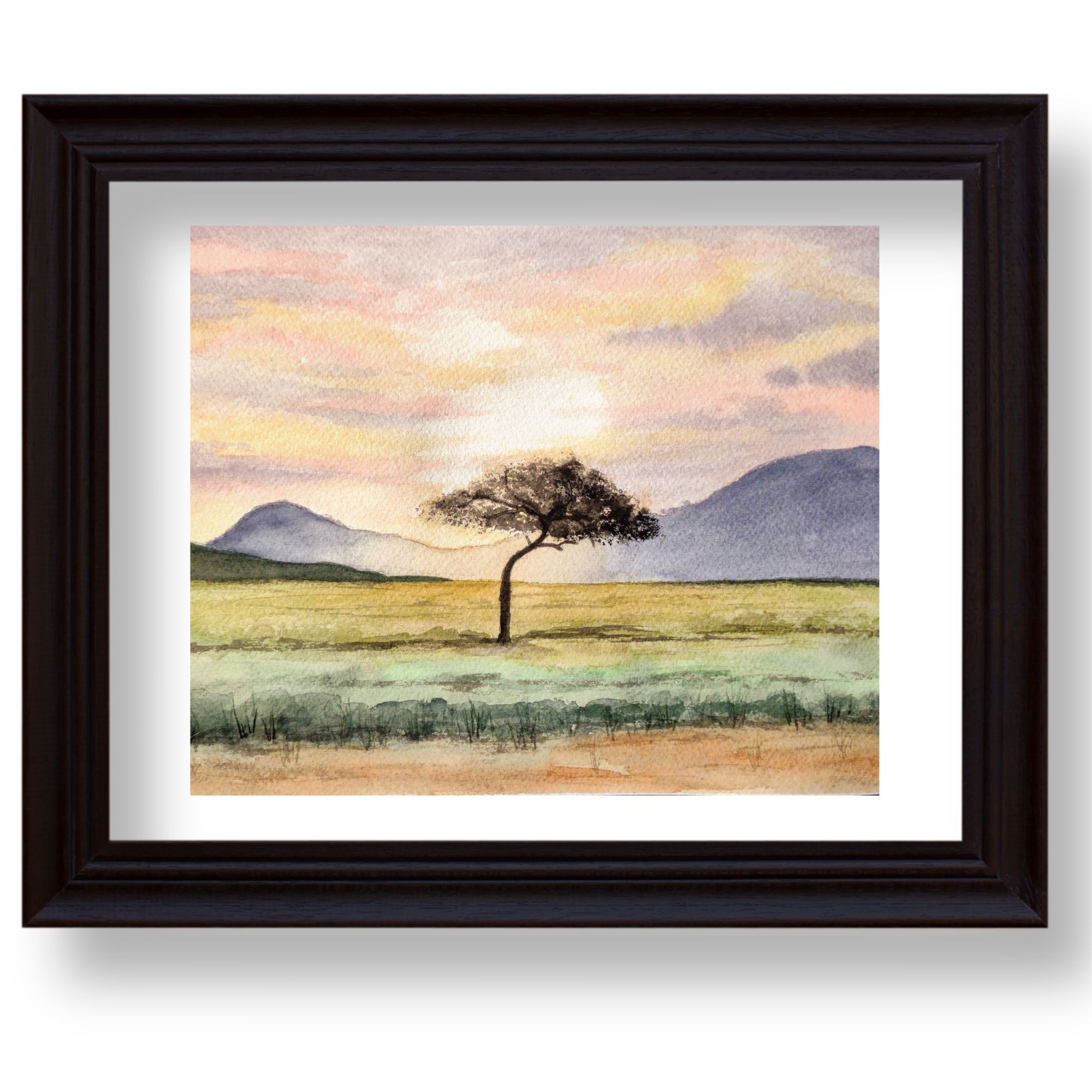 Acacia tree at sunset; Kenya Africa watercolor art