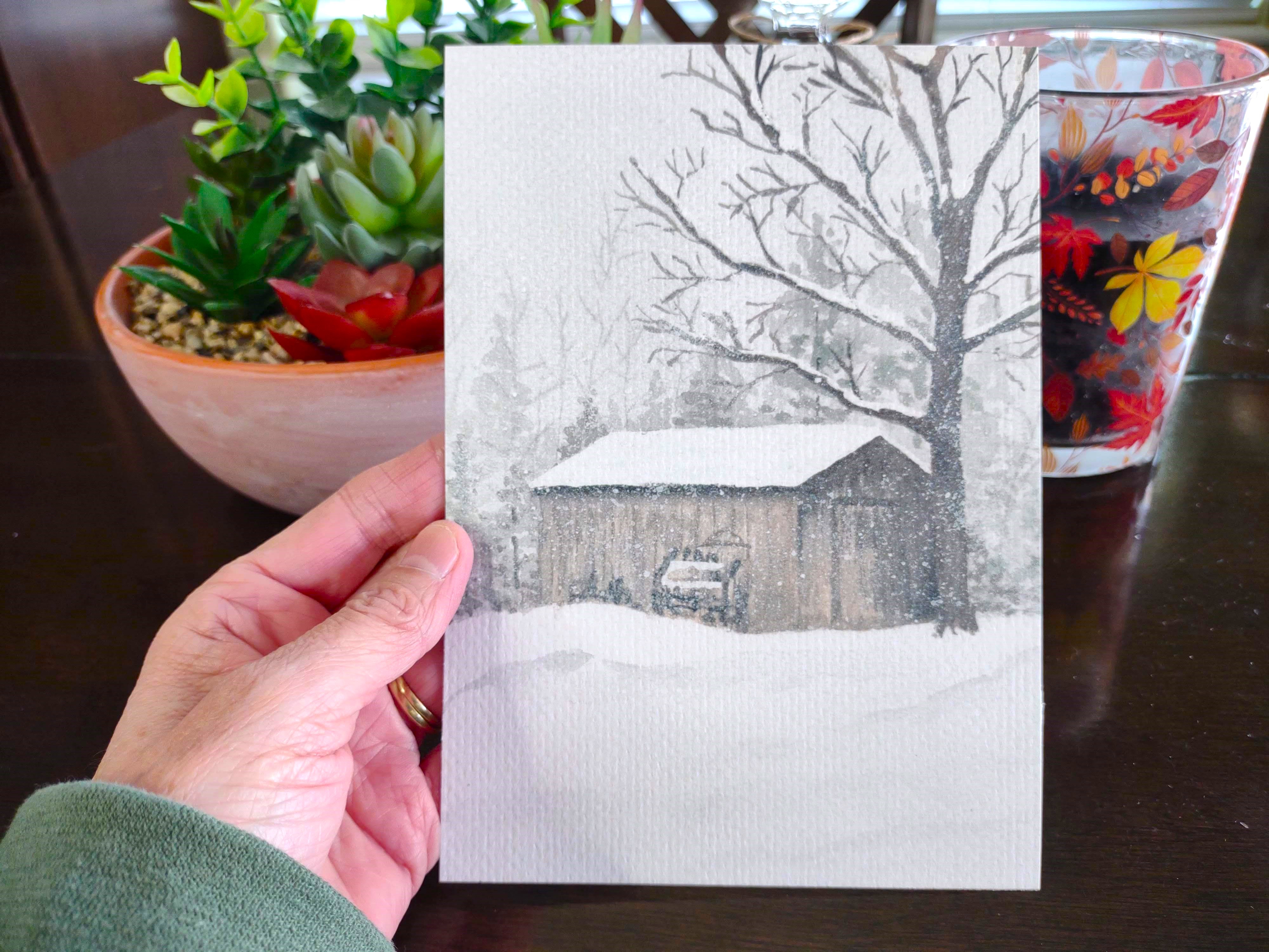 Winter Barn Watercolor Painting