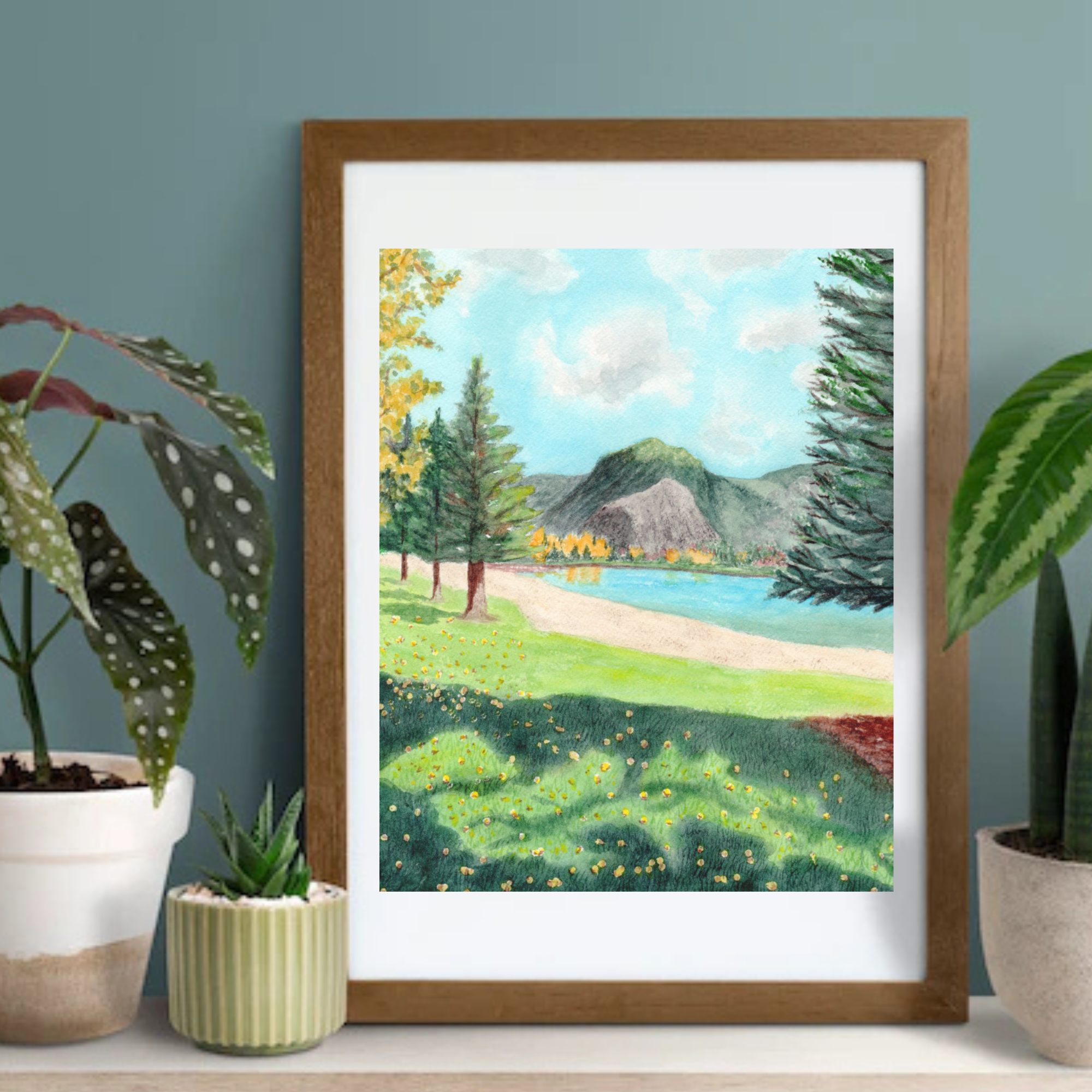Colorado watercolor print; mountains, lake, trees and sunshine wall art
