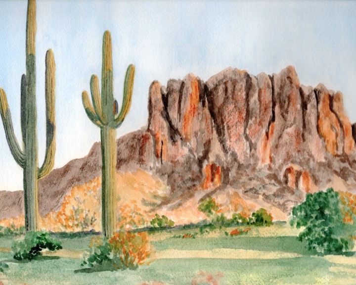 Superstition Mountain Watercolor Print: Arizona Desert Saguaro Cactus Art