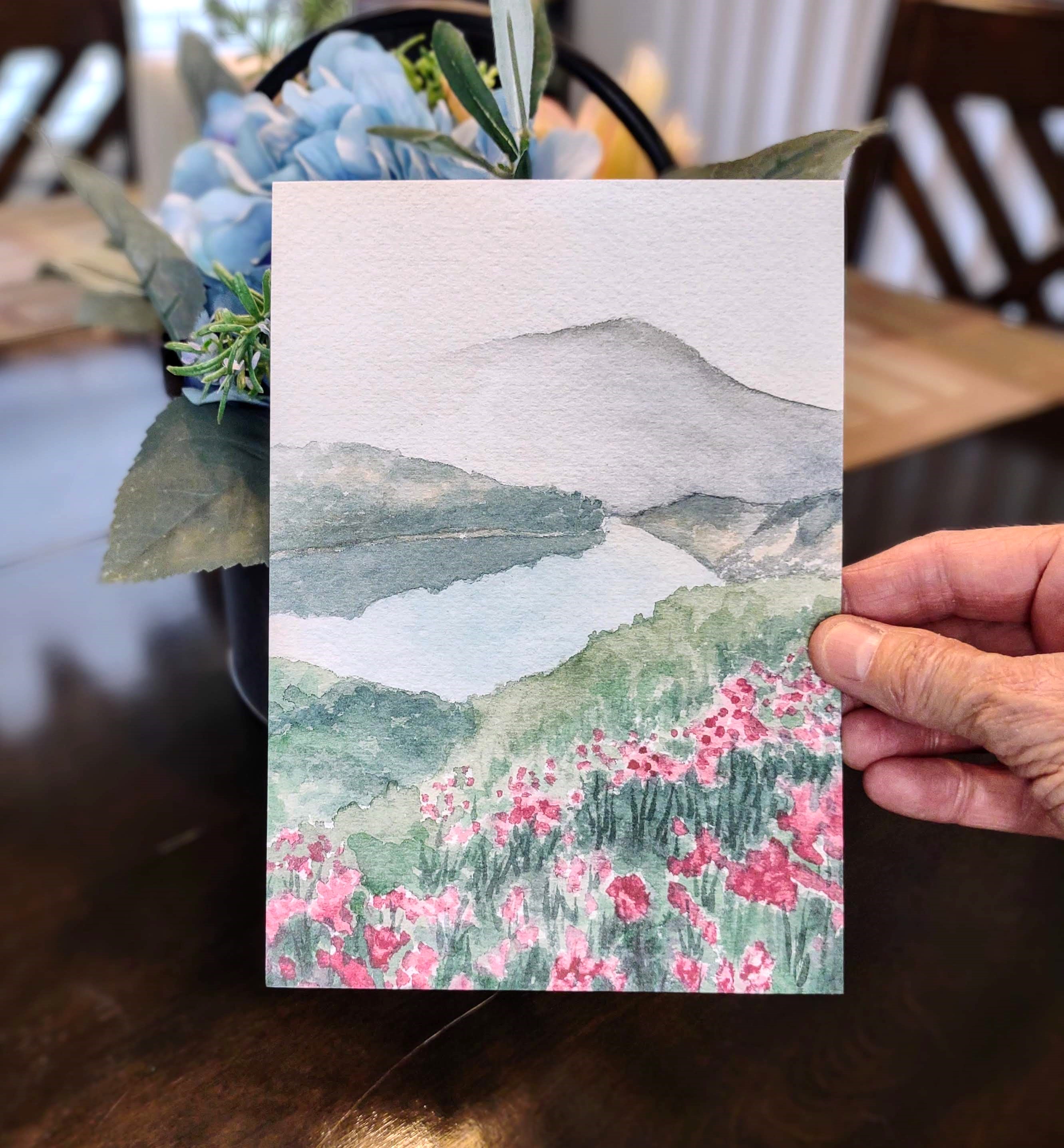 Mountain Floral Watercolor Print: Alpine Lake, Wildflower Meadow Art