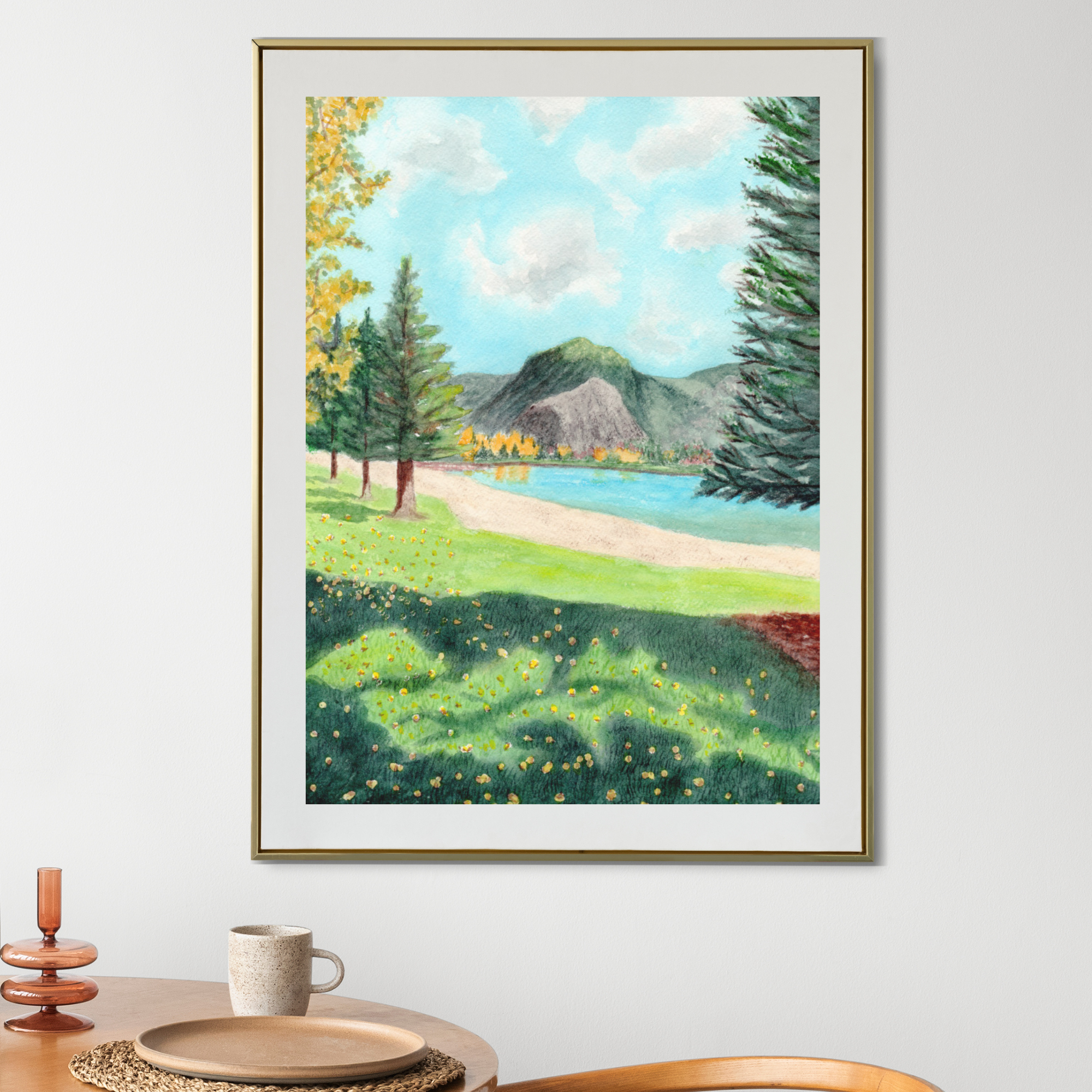 Colorado watercolor print; mountains, lake, trees and sunshine wall art