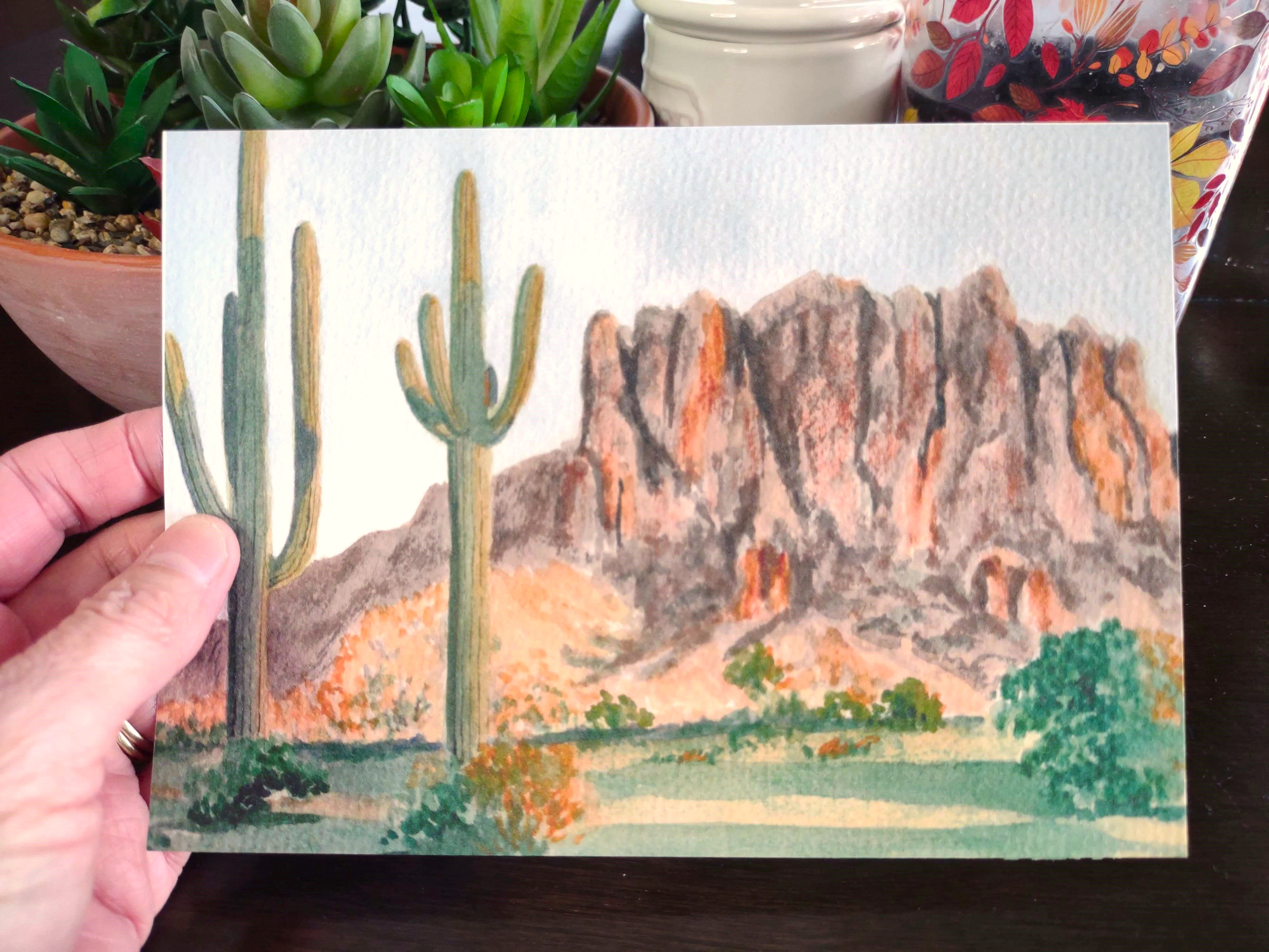 Superstition Mountain Watercolor Print: Arizona Desert Saguaro Cactus Art