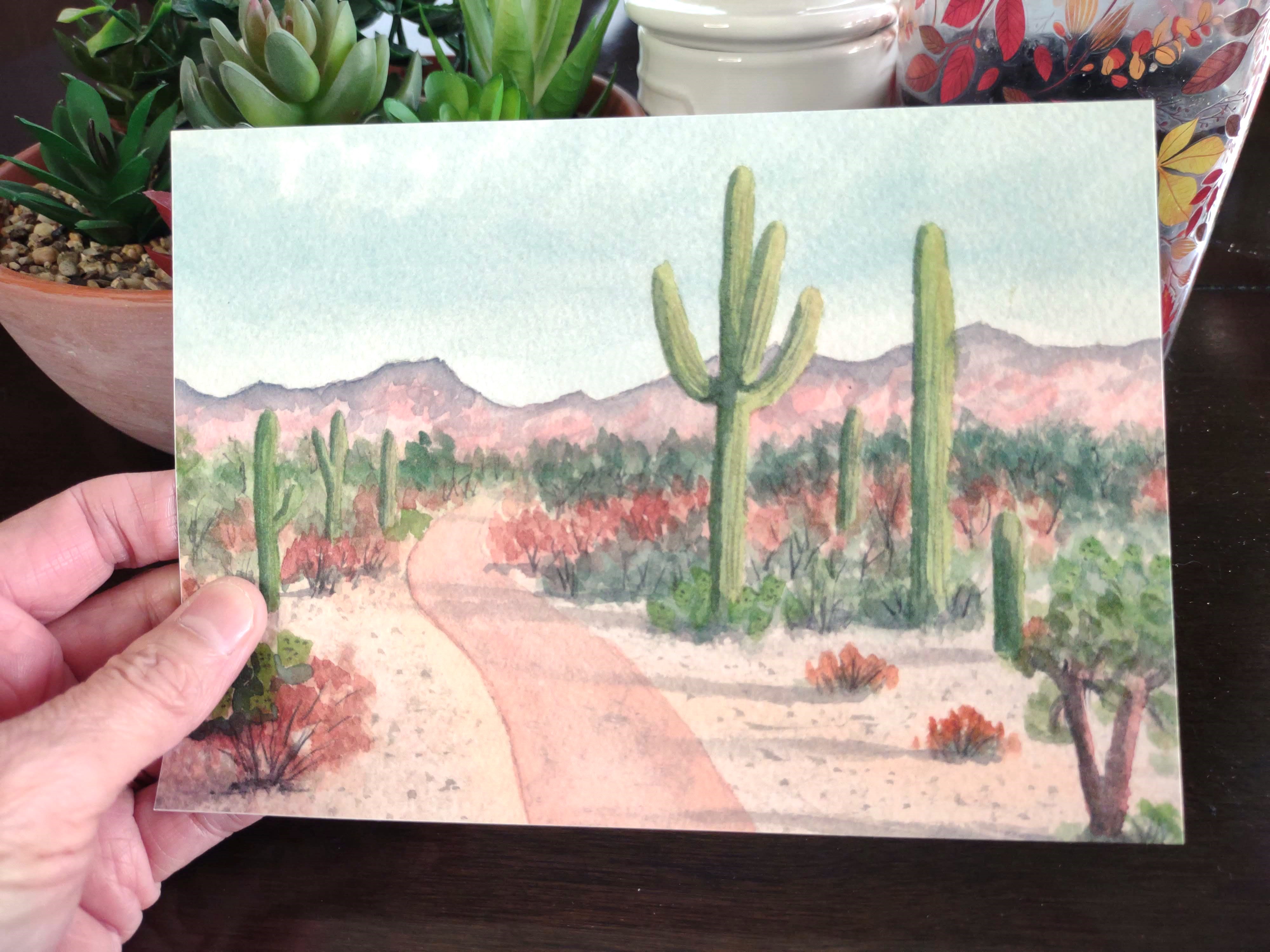 Saguaro Cactus Watercolor Print: Arizona Desert Mountain Art
