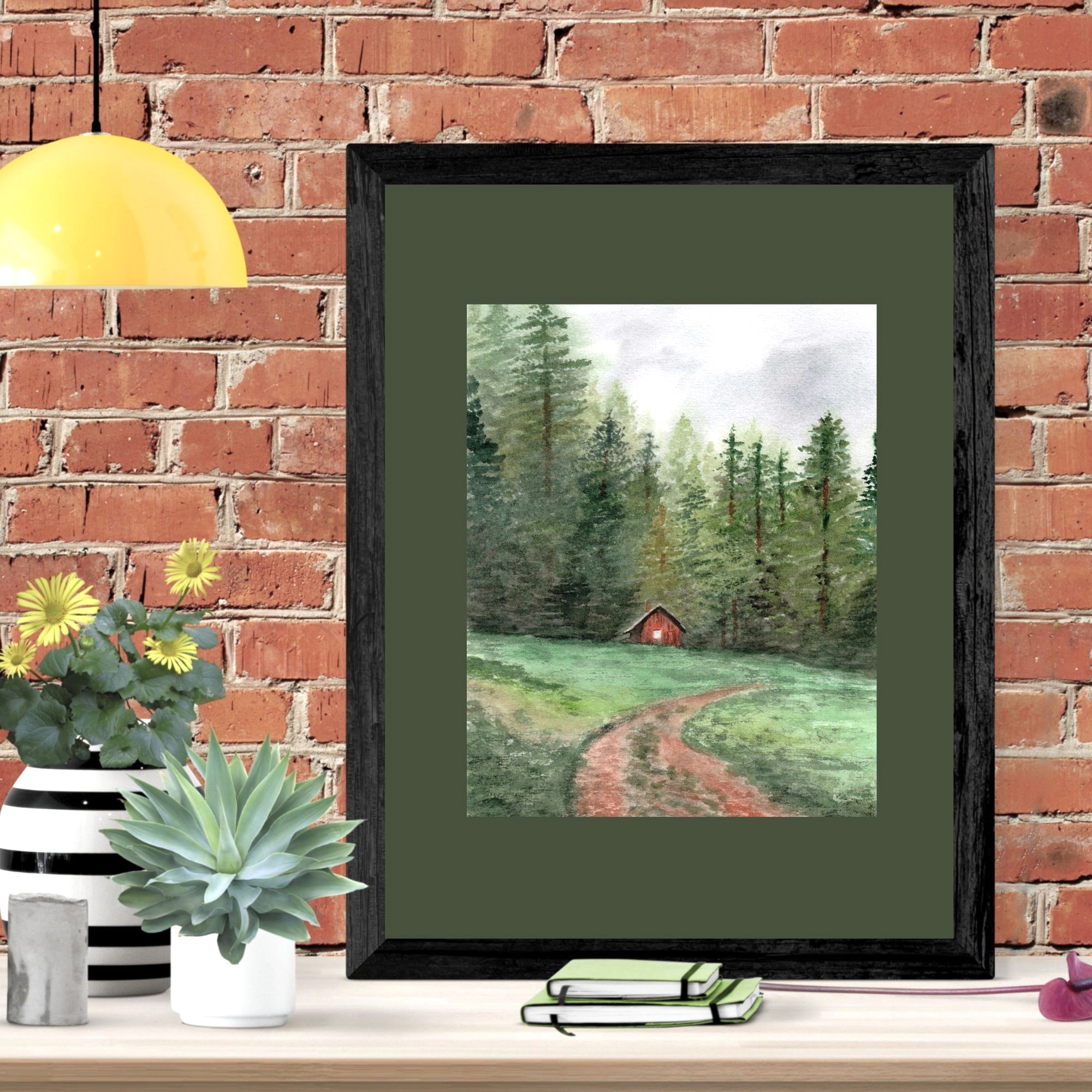 Forest Cabin Watercolor Painting; nature inspired art
