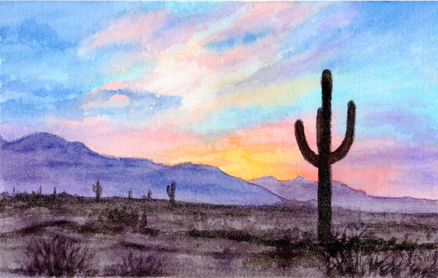 Desert Sunset Watercolor Print: Saguaro Cactus Art
