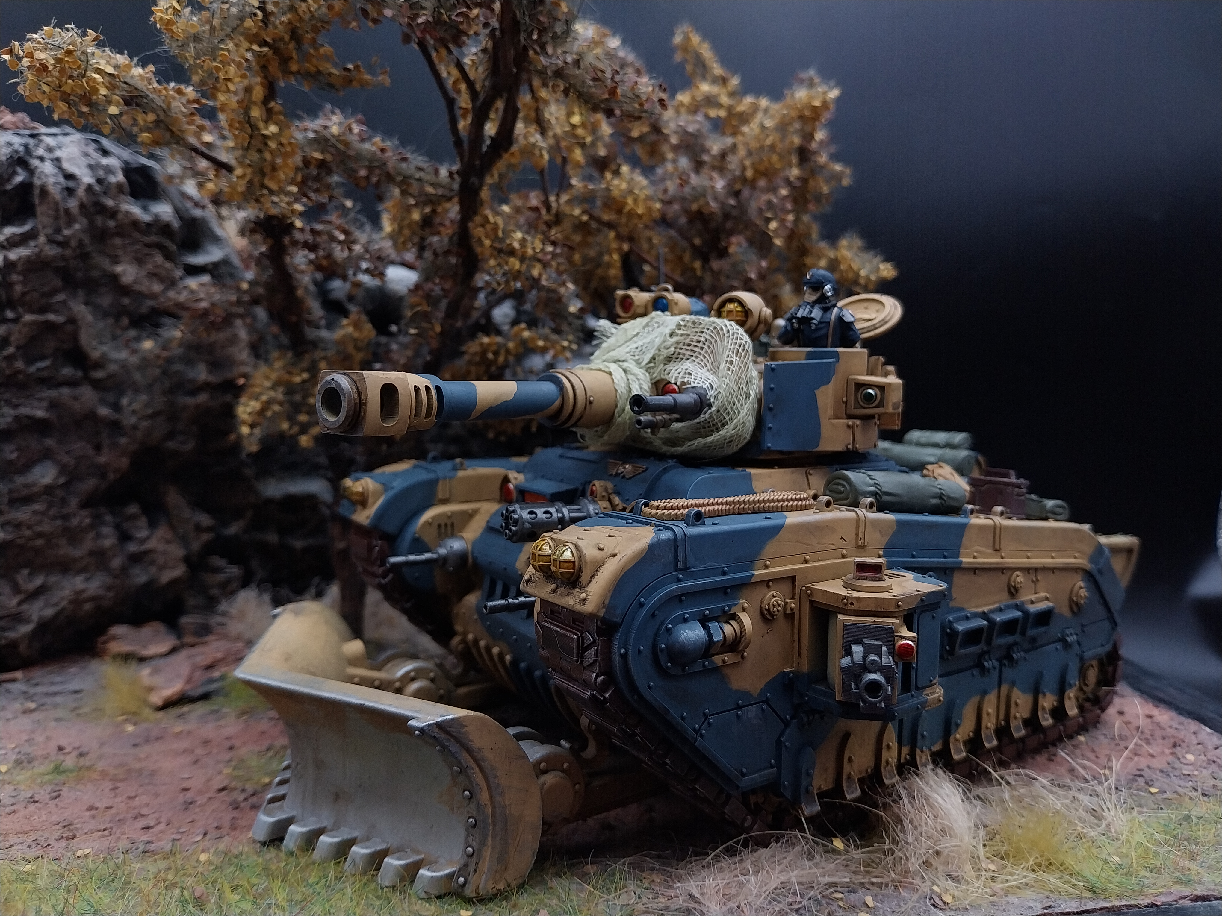 Warhammer 40k commission painted Militarum Death Korps of Krieg Rogal Dorn battle tank with the camouflage and Weathering.