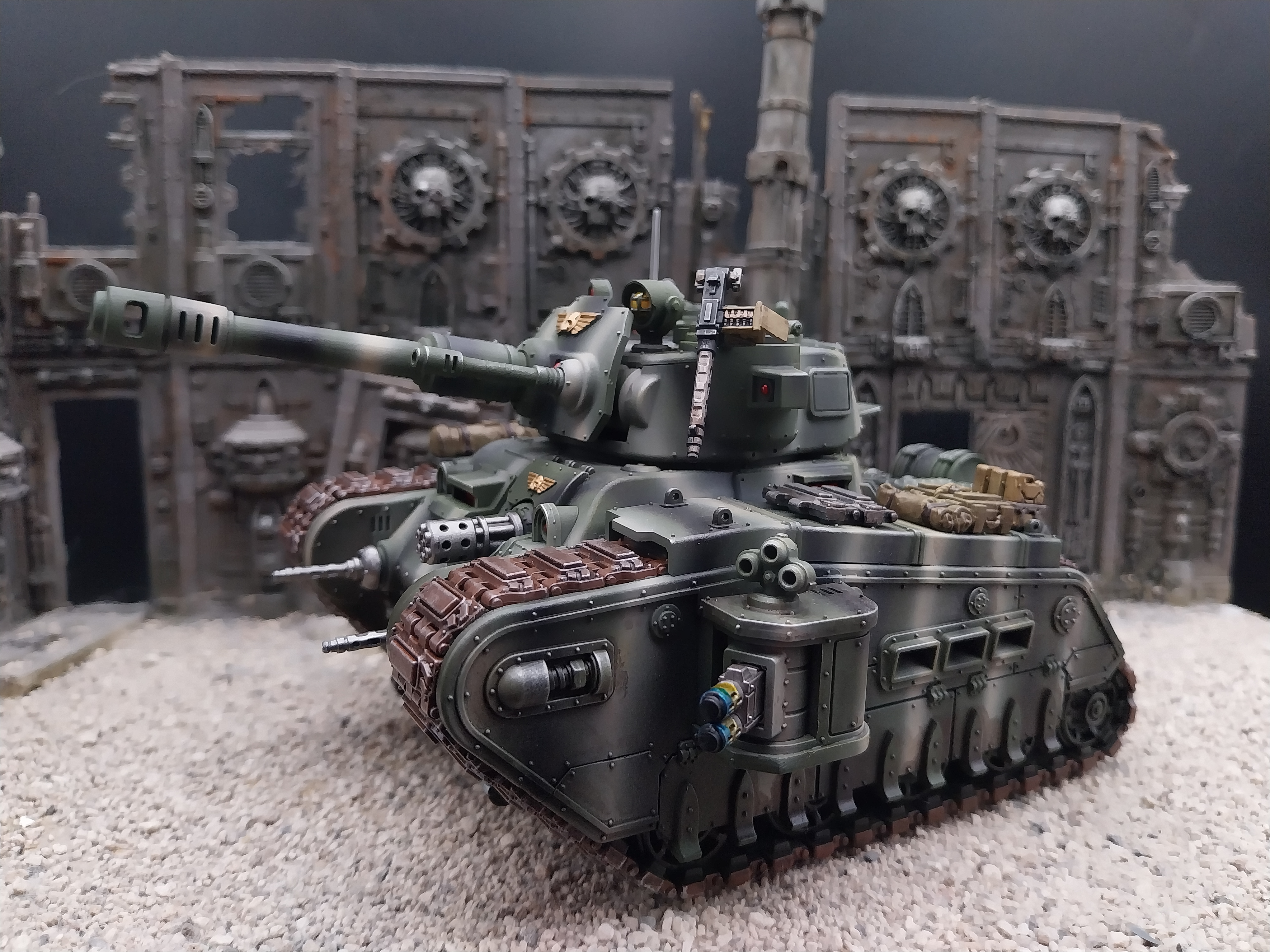 Warhammer 40k commission painted Militarum Death Korps of Krieg Rogal Dorn battle tank with the camouflage and Weathering.