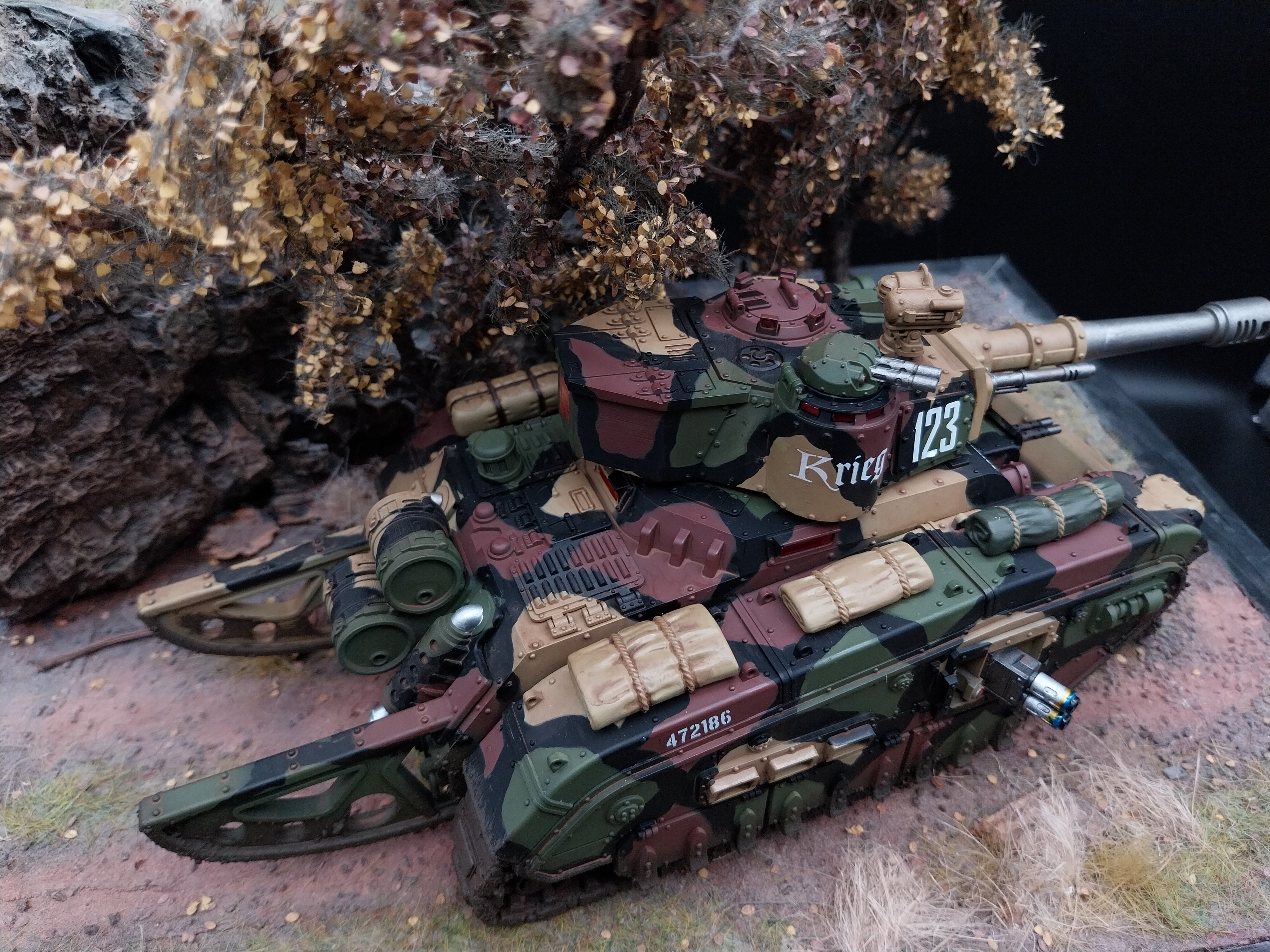 Warhammer 40k commission painted Militarum Death Korps of Krieg Rogal Dorn battle tank with the camouflage and Weathering.