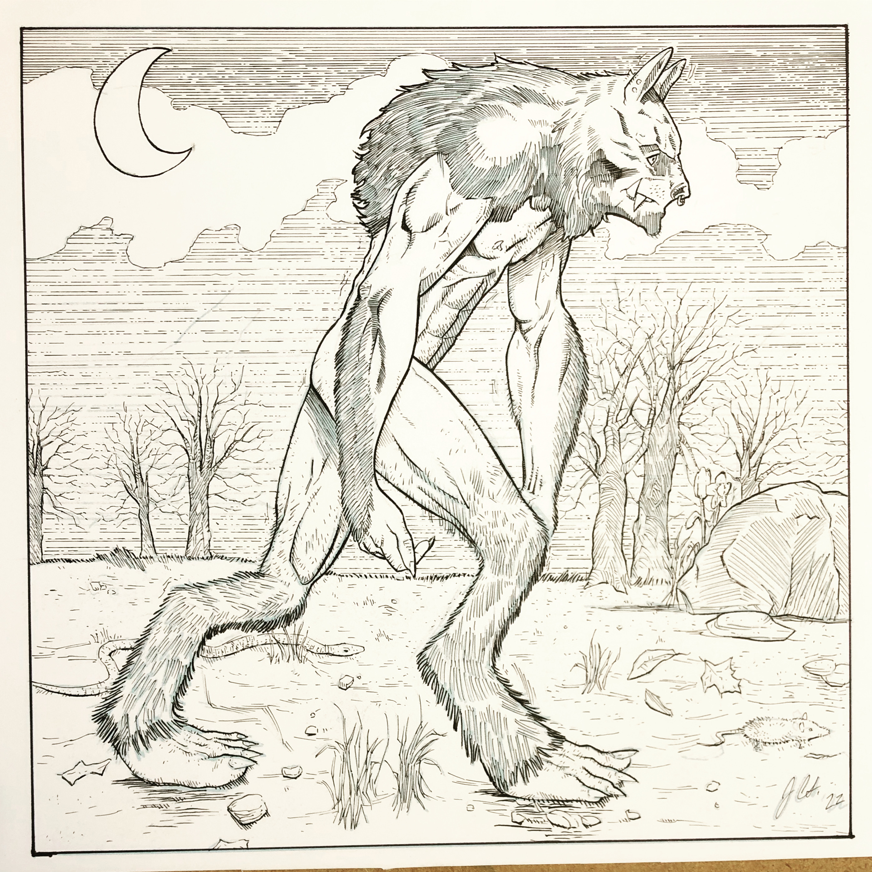 Werewolf Drawing Original Art (7” x 7”)