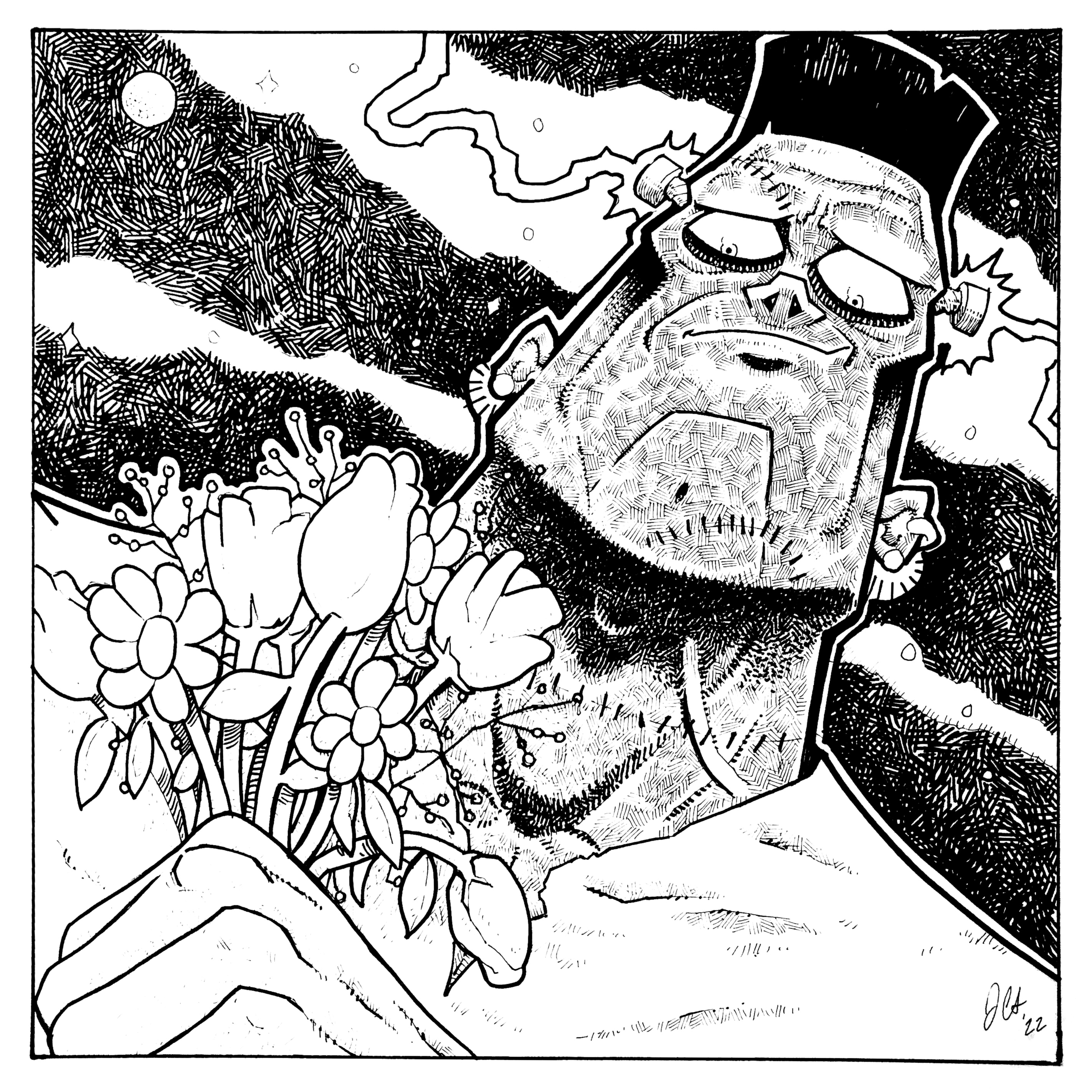 Frankenstein’s Flowers Original Drawing Art (7” x 7”)