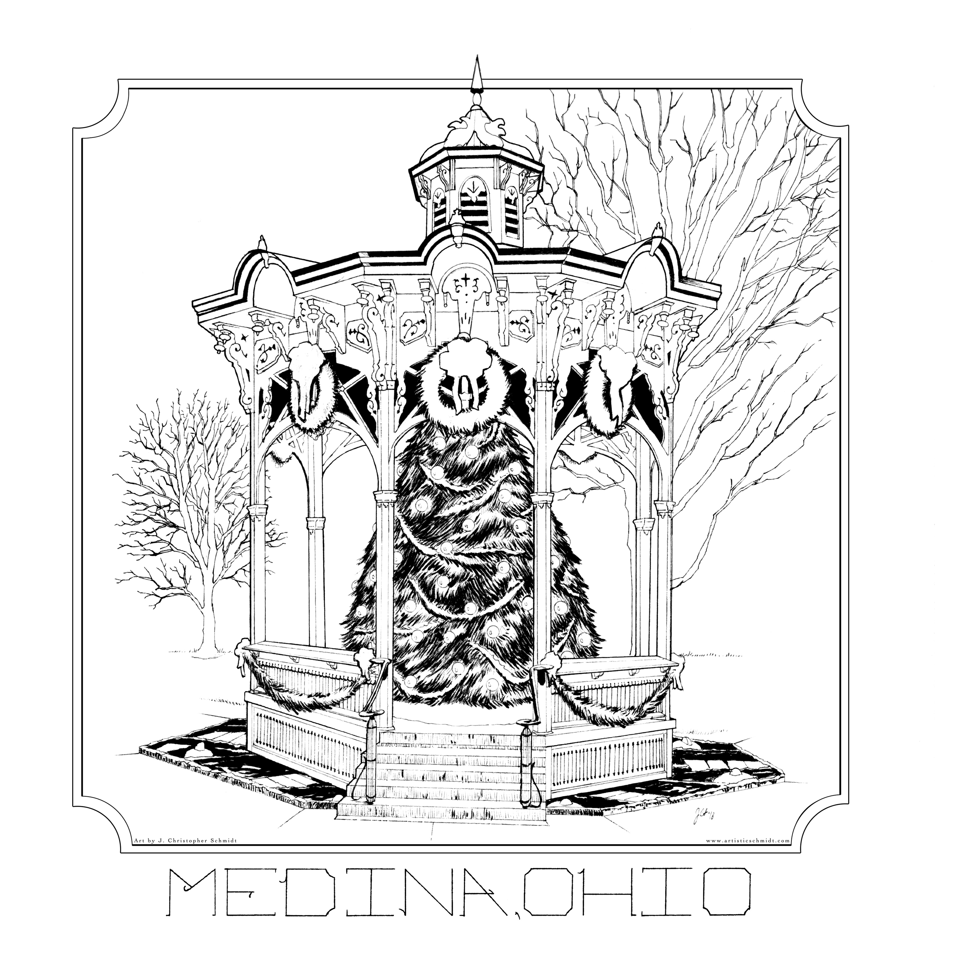 Medina Gazebo Christmas b&w drawing Print (11”x11”)