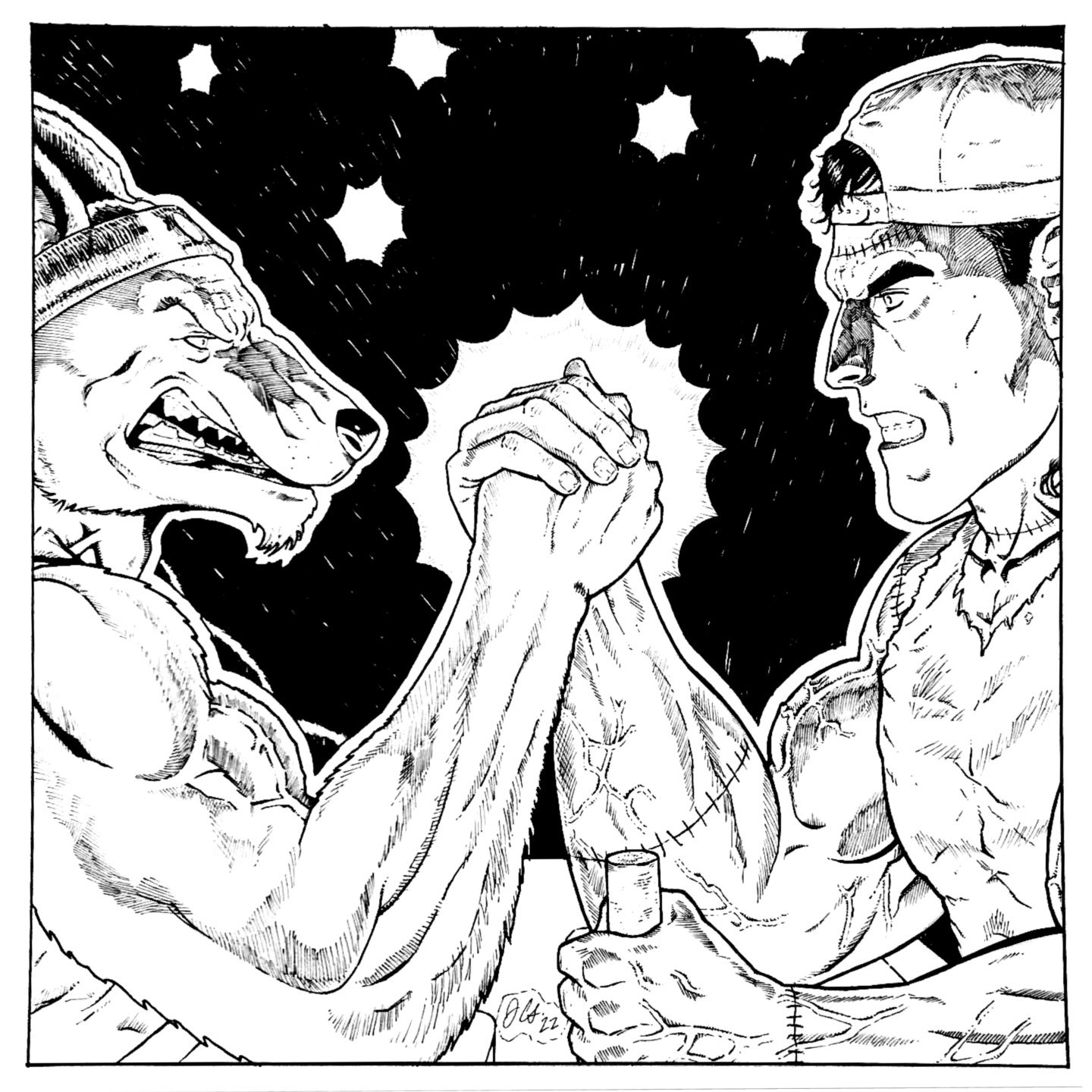 Werewolf vs. Frankie Original Drawing Art (10” x 10”)