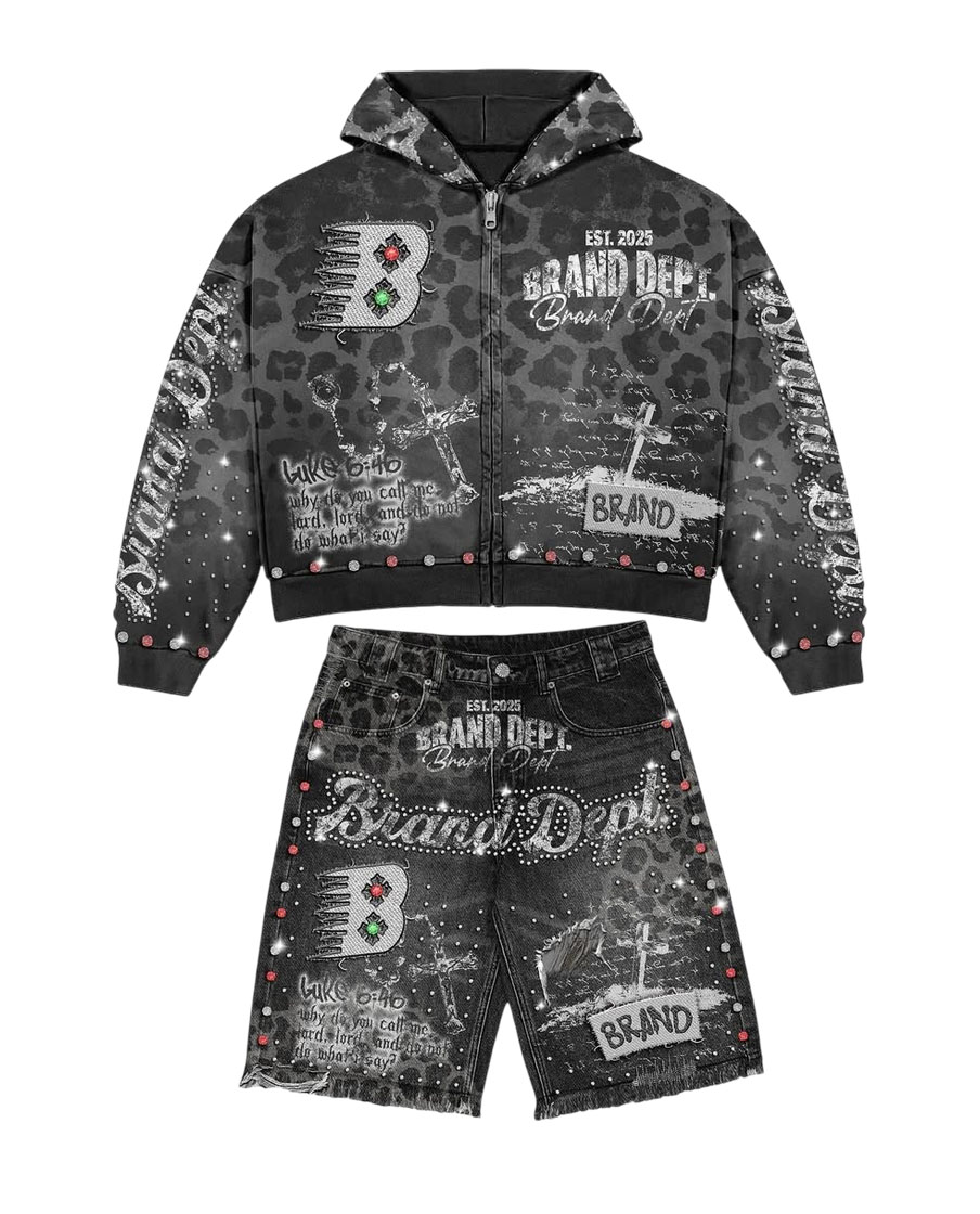 Custom Acid Washed Zip up Hoodie And Jeans Shorts Set