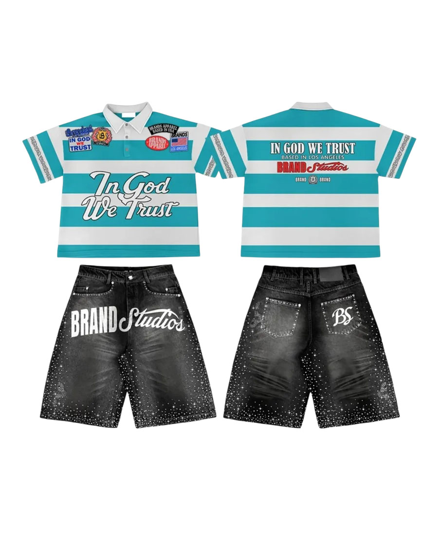 Custom Embroidery Logos Design Polo Shirts & Denim Shorts Set