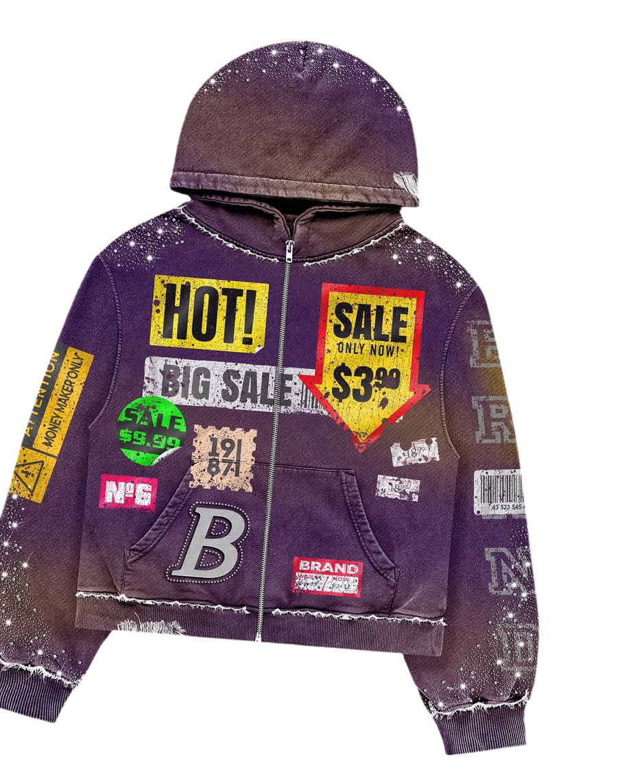 Custom Oversized Zipper Embroidery Patch Logo Hoodie 