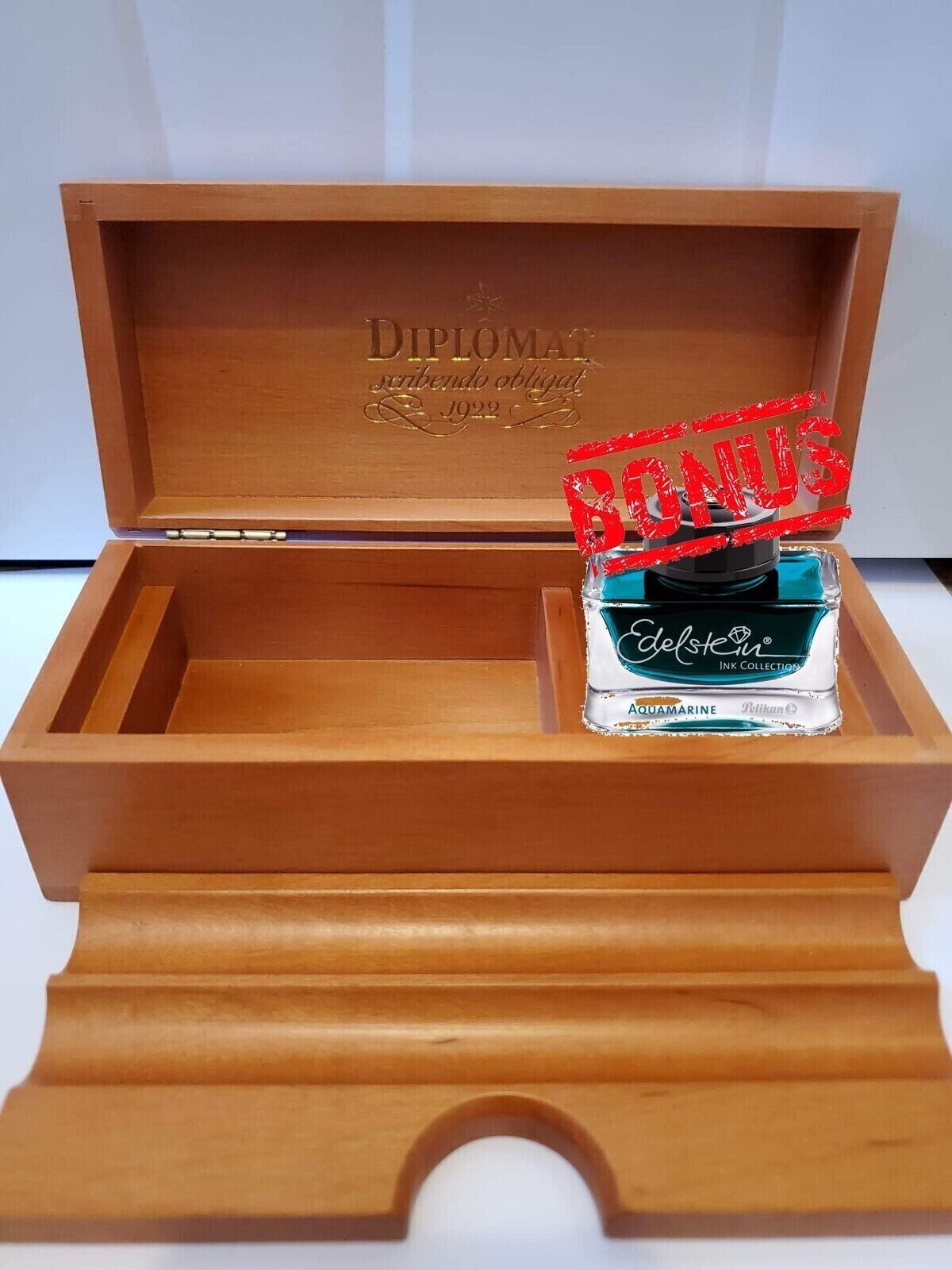 Vintage Diplomat Wooden desk box Cherrywood for writing pen + Free Edelstein ink