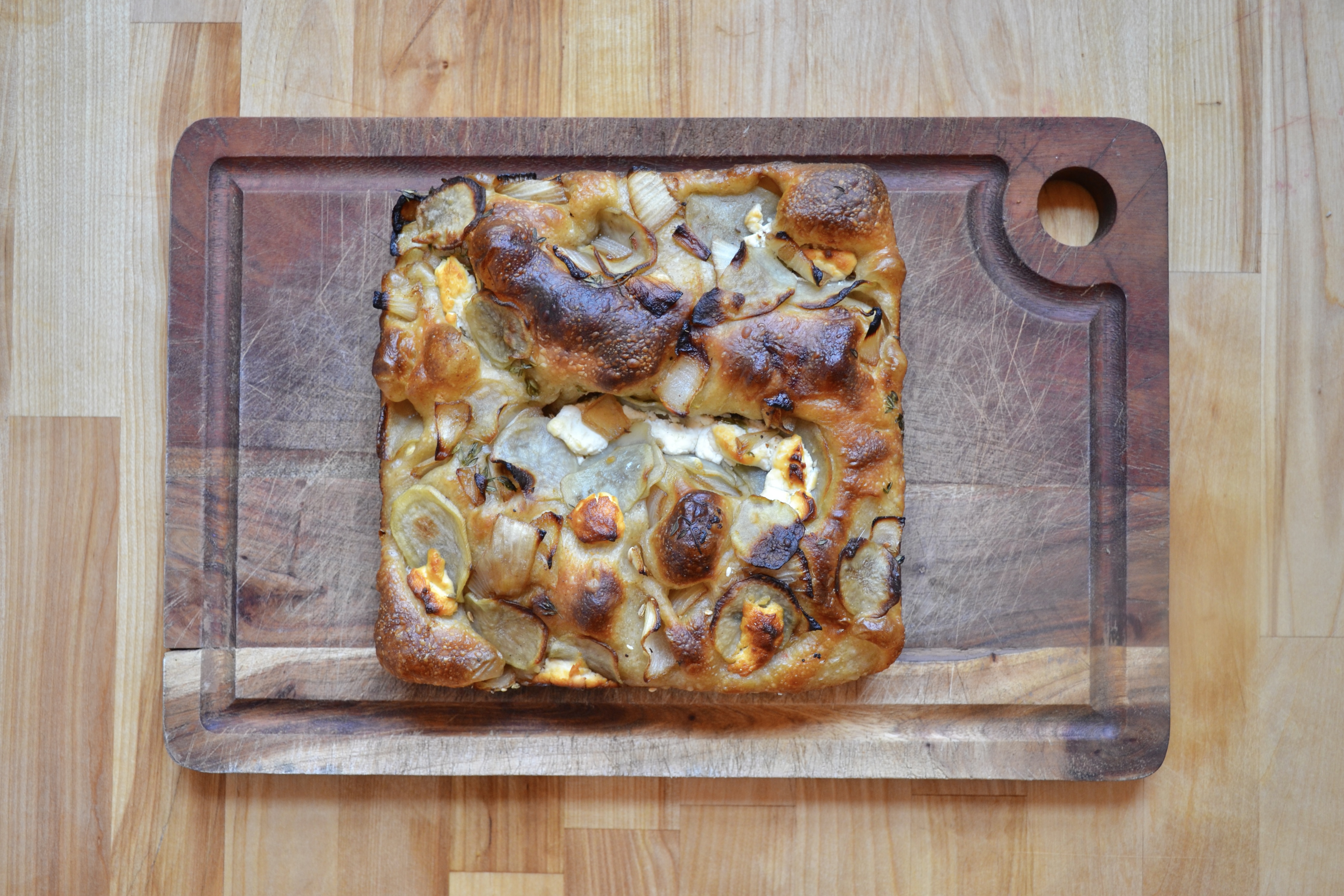 Potato, Goat Cheese, Garlic, Caramelized Onion Focaccia