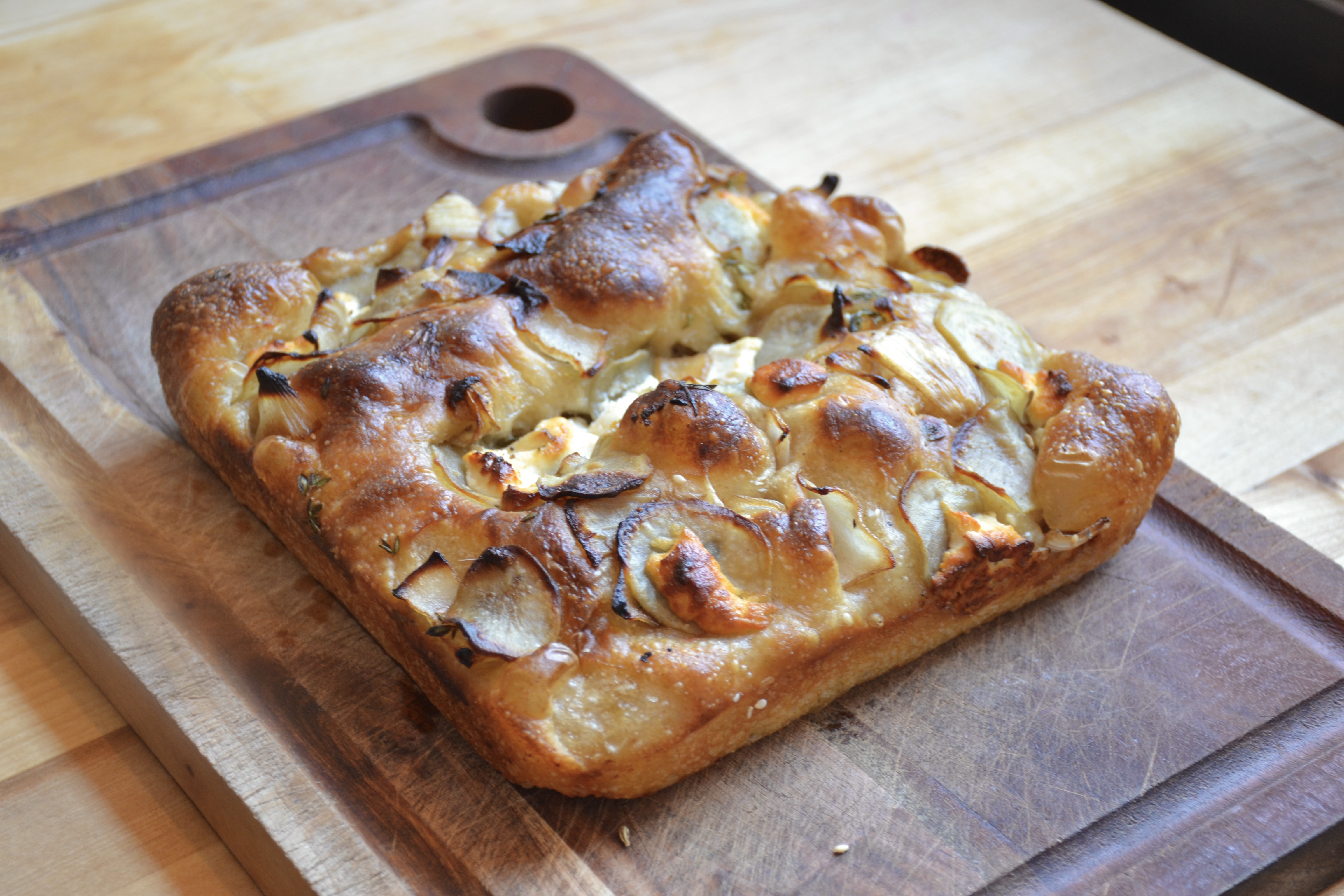 Potato, Goat Cheese, Garlic, Caramelized Onion Focaccia