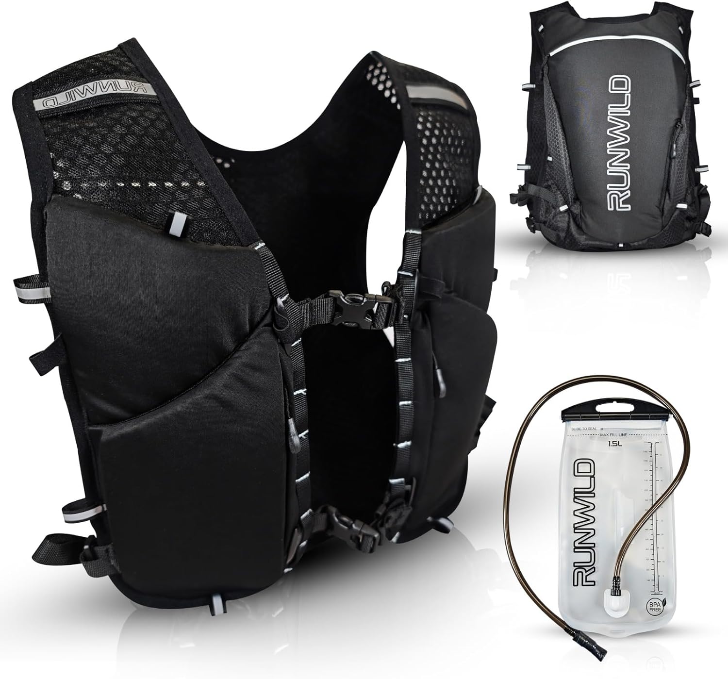 RUNWILD Running Vest with 1.5L Water Bladder | 12 Pockets | Adjustable Fit Size S to L | Reflective & Lightweight | Men's & Women's Running Hydration vest for Marathon, Trail, Hiking, Cycling