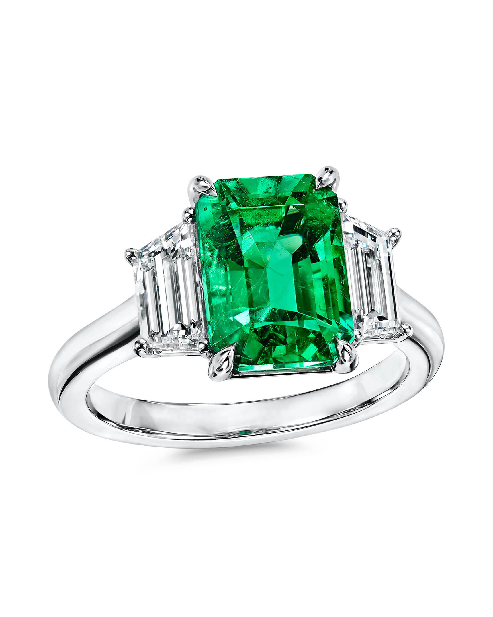 Colombian Emerald and TrapezoidCut Diamond 3-Stone Ring