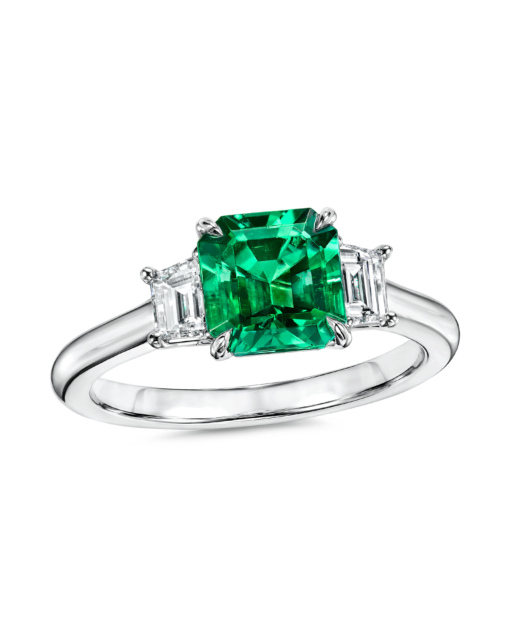 Colombian Emerald and Trapezoid-Cut Diamond 3-Stone Ring